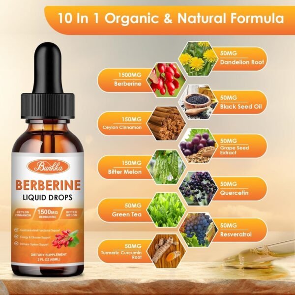 (2 Pack) Berberine Supplement, 1500mg Organic Berberine Liquid Drops with Ceylon Cinnamon, Bitter Melon, Sugar-Free & Vegan Supplement Supports Immune System & Gastrointestinal Care - 4 FL Oz - Image 3