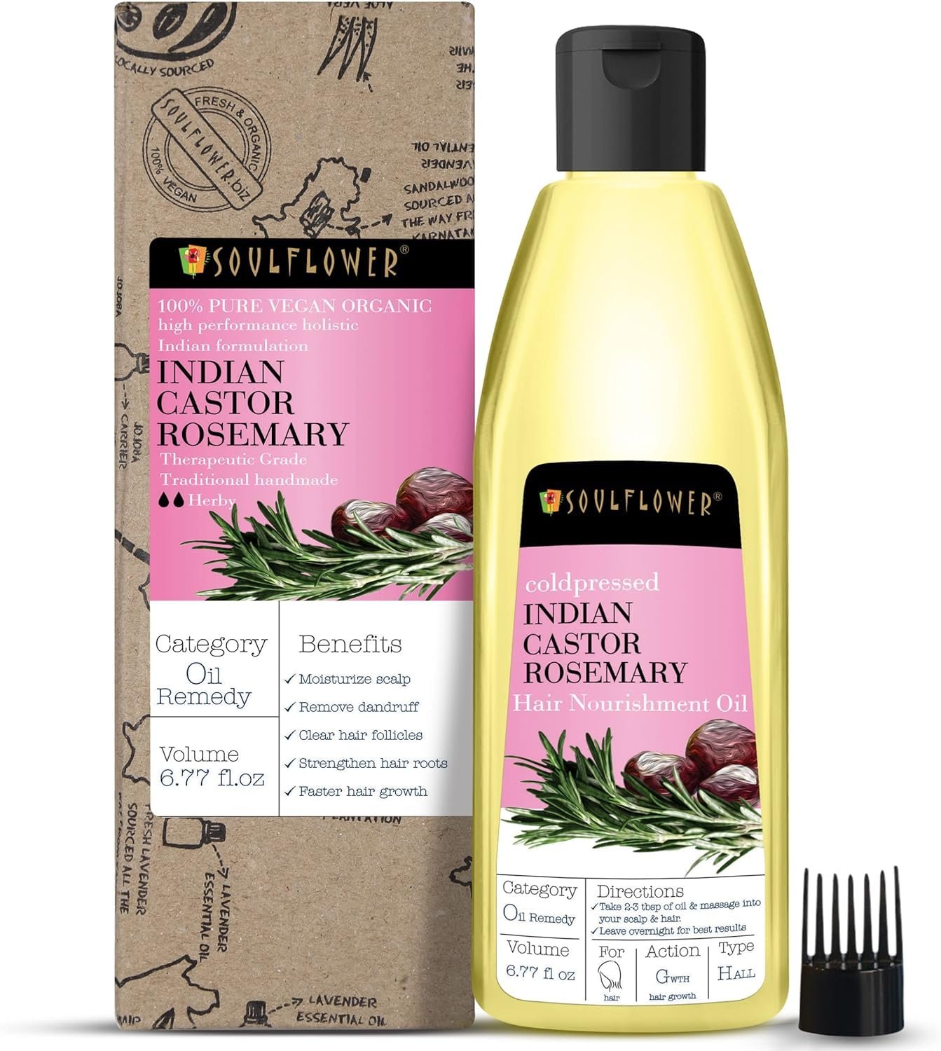 Soulflower Rosemary Castor Hair Oil for Hair Growth, Hairfall Control, For Dry, Damaged, Curly, Coily, Frizzy & Beard Hair - 100% Pure, Vegan, Organic Certified, 6.77 fl oz - Image 2