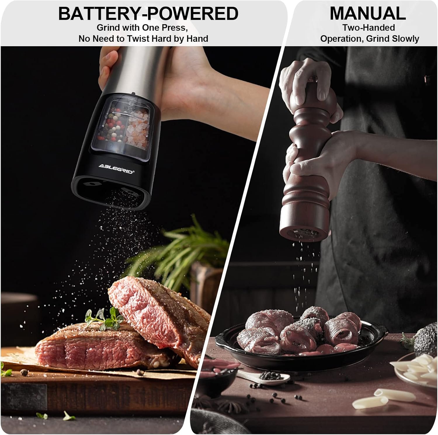 ABLEGRID Electric Salt and Pepper Grinder 2 in 1 Battery Powered, Automatic Pepper Mill & Salt Grinder Refillable, One-handed Operation, Adjustable Coarseness, 2-Button Control, Ceramic Grinding Core - Image 6