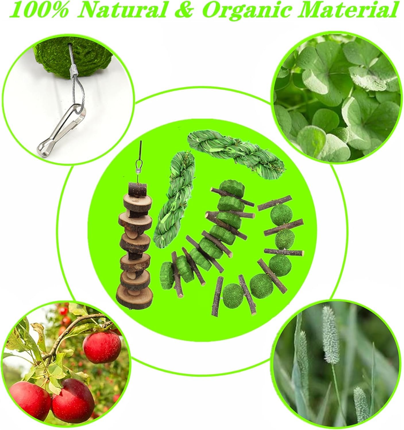 5pcs Rabbit Toys,Bunny Chew Treat for Teeth Grinding,Hanging Timothy Hay Ball +Apple Stick Wood +Alfalfa Grass Cake Food Snack for Cage Guinea Pig Chinchilla Hamster Squirrel Gerbil Rat Parrot - Image 5