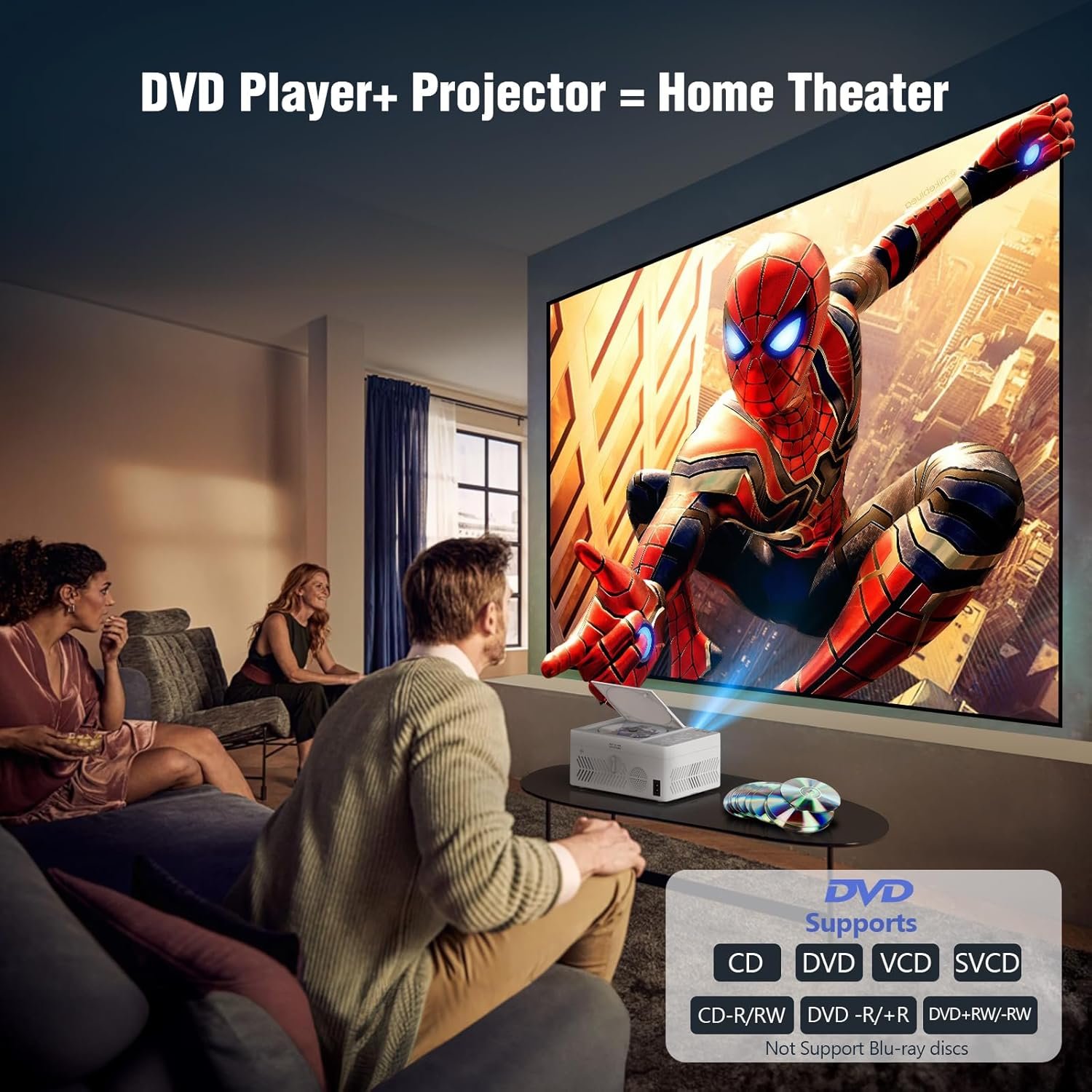 TMY Bluetooth Projector with DVD Player Built in, 1080P Mini Projector, Portable DVD Projector for Outdoor Movies, Compatible with Smartphone/PC/TV Stick/HDMI/USB/TF - Image 4