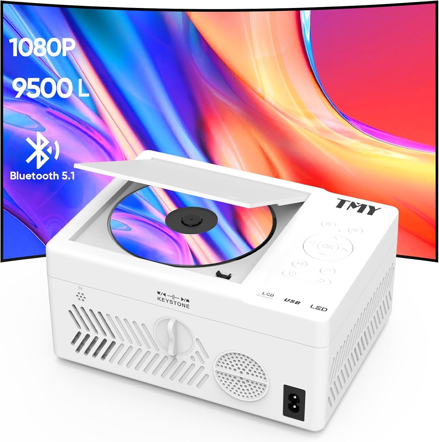TMY Bluetooth Projector with DVD Player Built in, 1080P Mini Projector, Portable DVD Projector for Outdoor Movies, Compatible with Smartphone/PC/TV Stick/HDMI/USB/TF - Image 2
