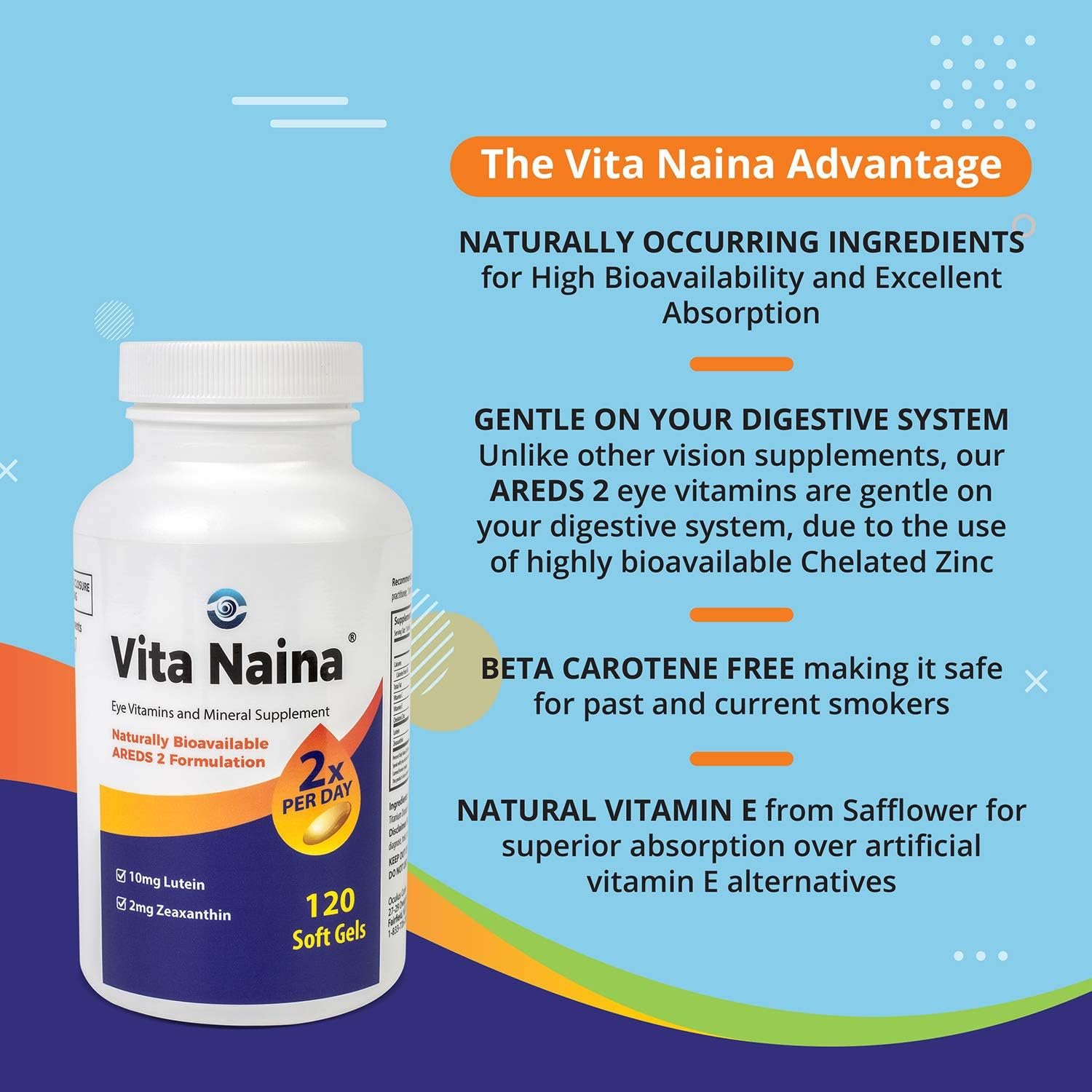 Vita Naina (120 SoftGels) | AREDS2 Eye Vitamins and Mineral Supplement (Zeaxanthin 2mg) | High Bioavailability and Bio-Absorption Formula | Easy on Your Digestive System | Easy to Swallow - Image 4