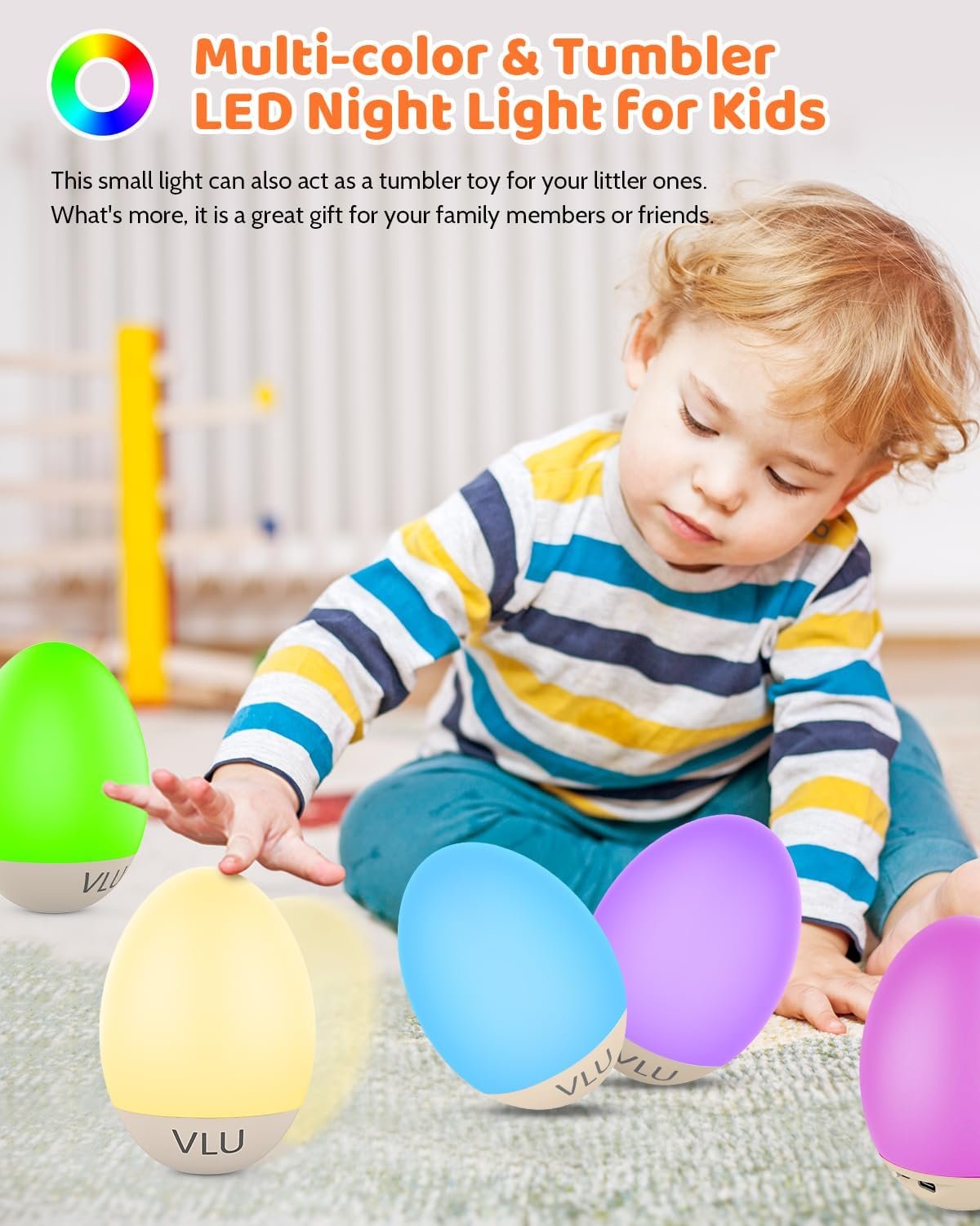 VLU Night Light for Kids, LED Night Light, Dimmable & Rechargeable Night Light with Multi-Color & Tumbler, Egg Night Light for Baby Nursery & Breastfeeding, Eye Caring - Image 3