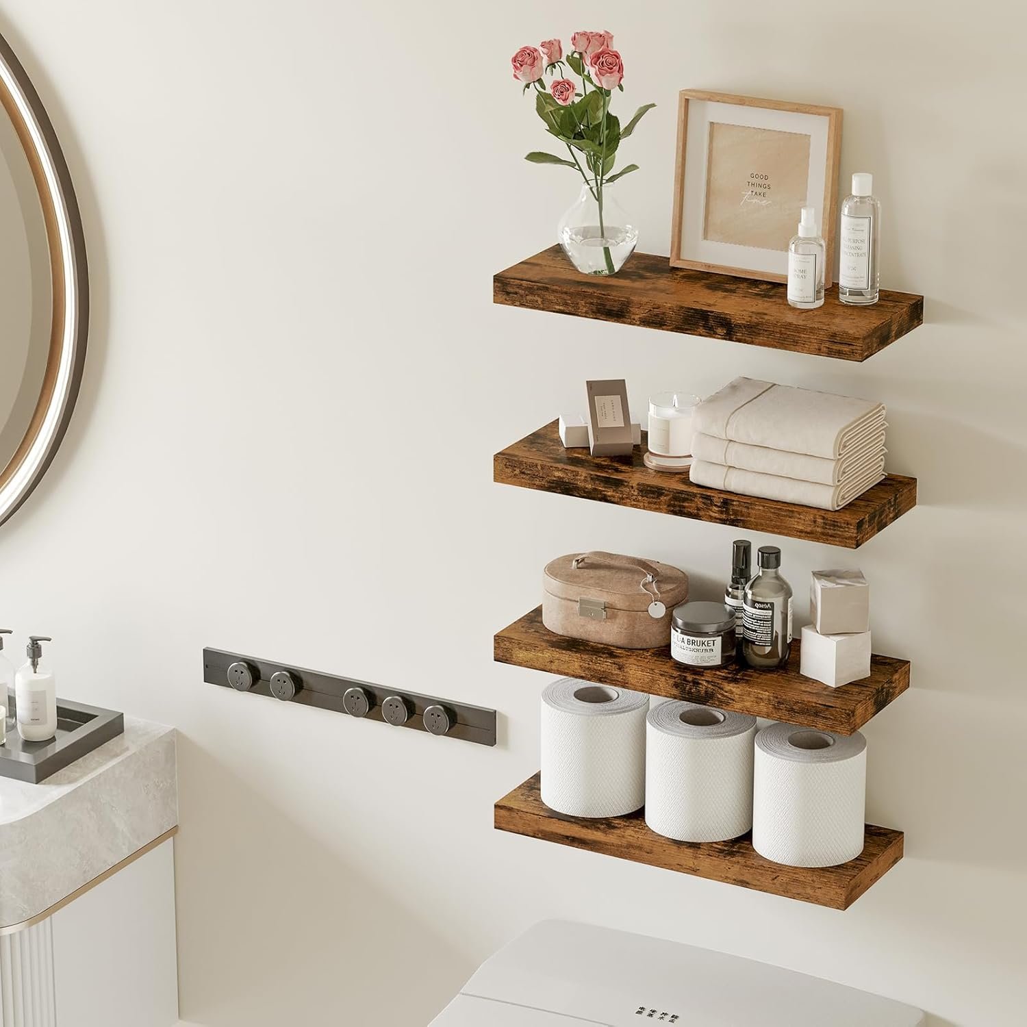 Fixwal 15.8in Floating Shelves, Rustic Wood Finish Wall Shelves Set of 4, Shelves for Wall Decor, with Invisible Brackets for Bathroom, Living Room,Bedroom and Kitchen(Rustic Brown) - Image 3