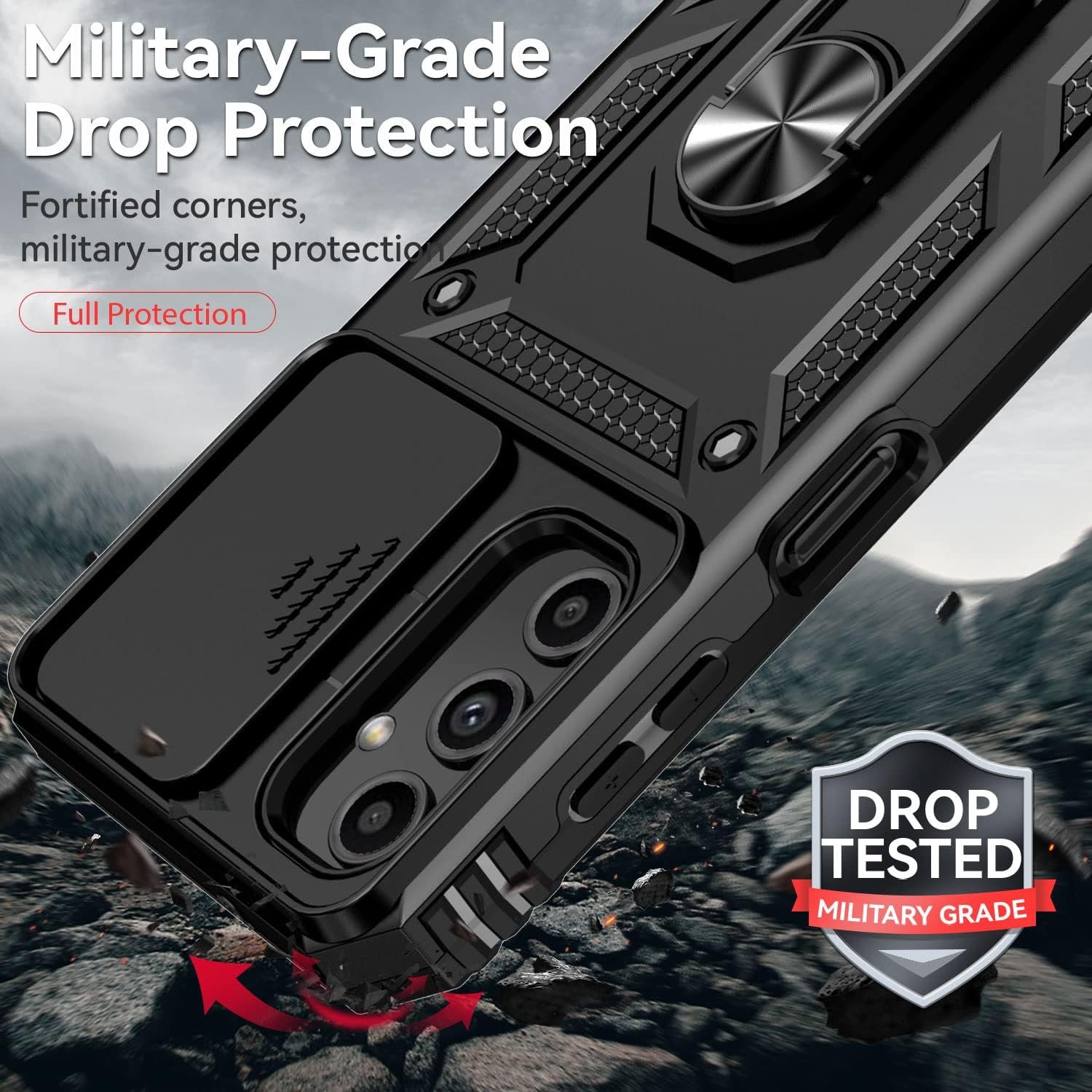 for Galaxy A14 5G Phone Case with HD Screen Protector and Slide Camera Cover and Magnetic Rotating Kickstand, Military Grade Rugged Drop Protective Phone Case for Samsung Galaxy A14 5G, Black - Image 4