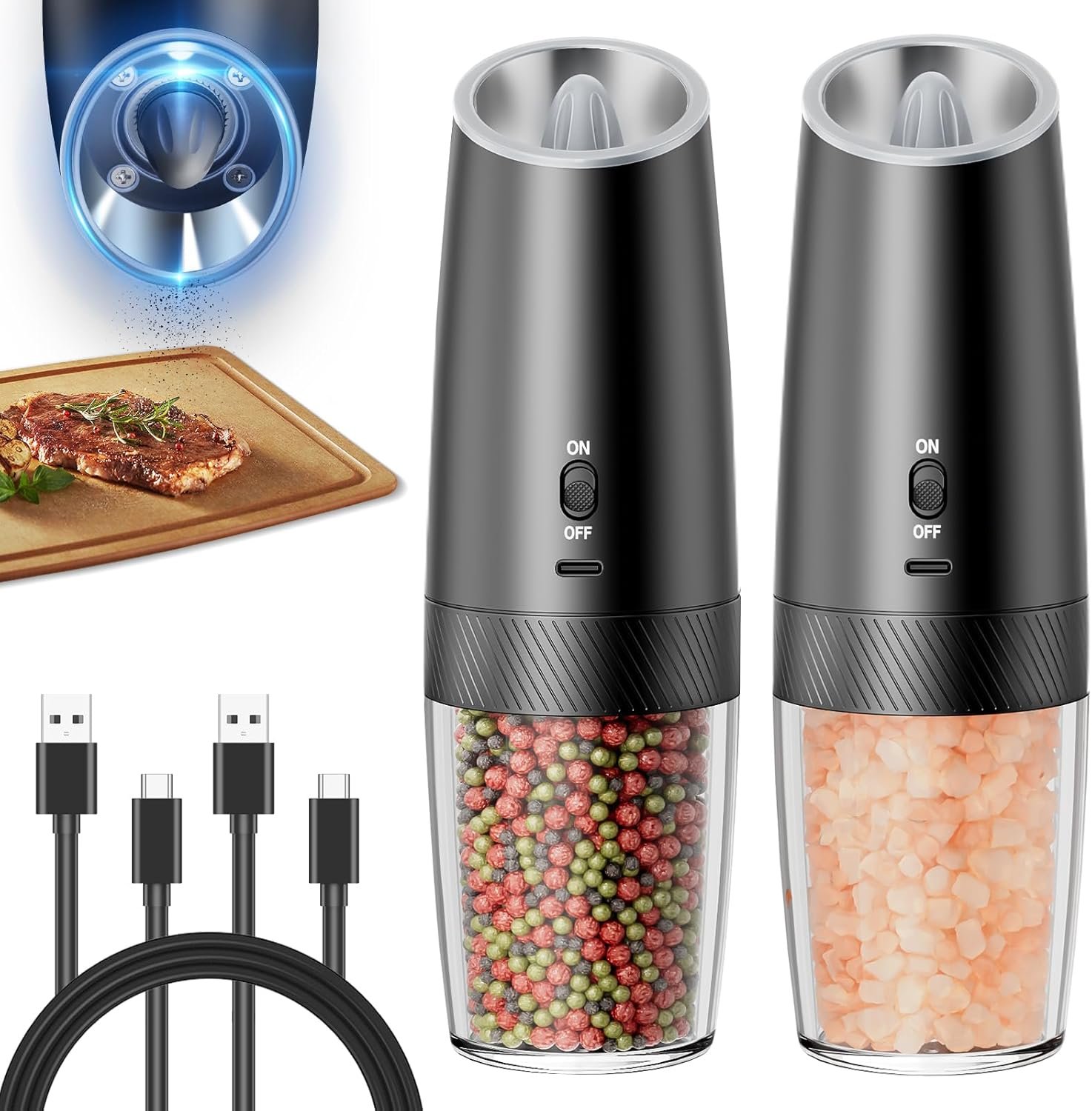 Upgraded Gravity Electric Salt and Pepper Grinder Set Rechargeable Electric Pepper Grinder With Adjustable Coarseness, LED Light, No Battery Needed, 4.6oz Refillable, One Hand Operation, Black, 2-Pack - Image 2