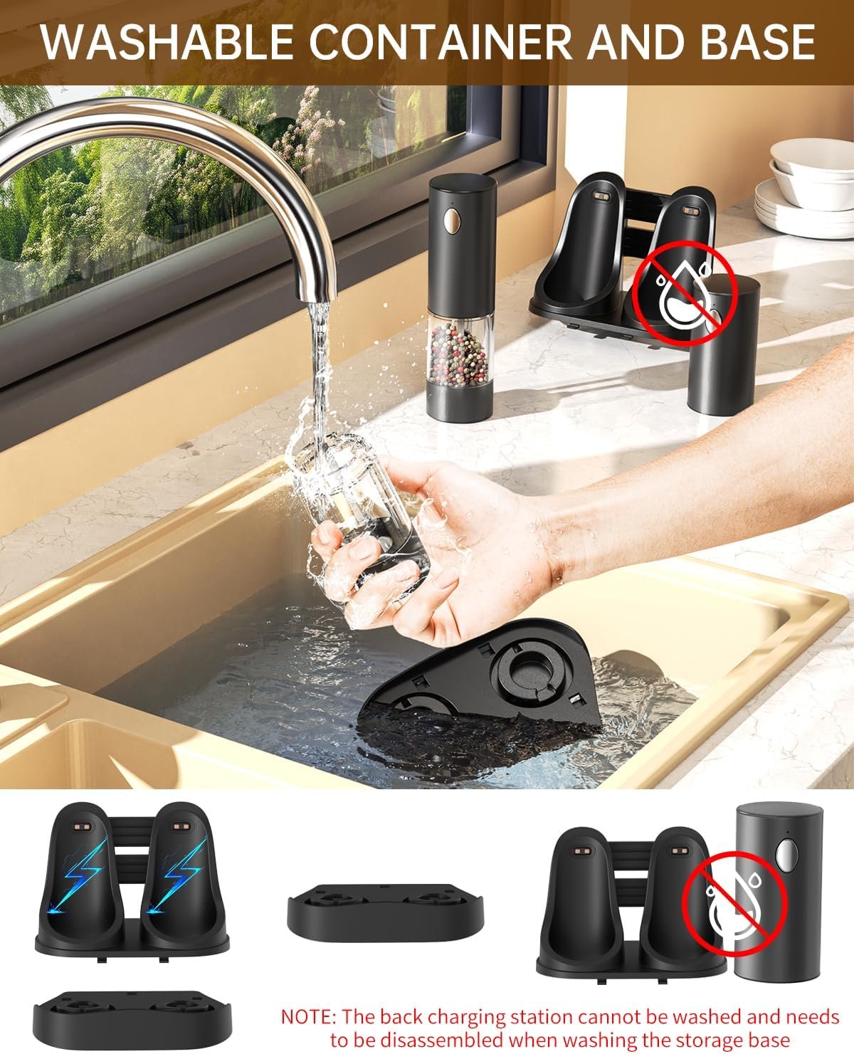 CIRCLE JOY Electric Salt and Pepper Grinder Set Automatic Salt and Pepper Grinder Set with Easy-to-Carry Charging Base and LED Light, Adjustable Coarseness, USB Rechargeable, Washable Container, Black - Image 5