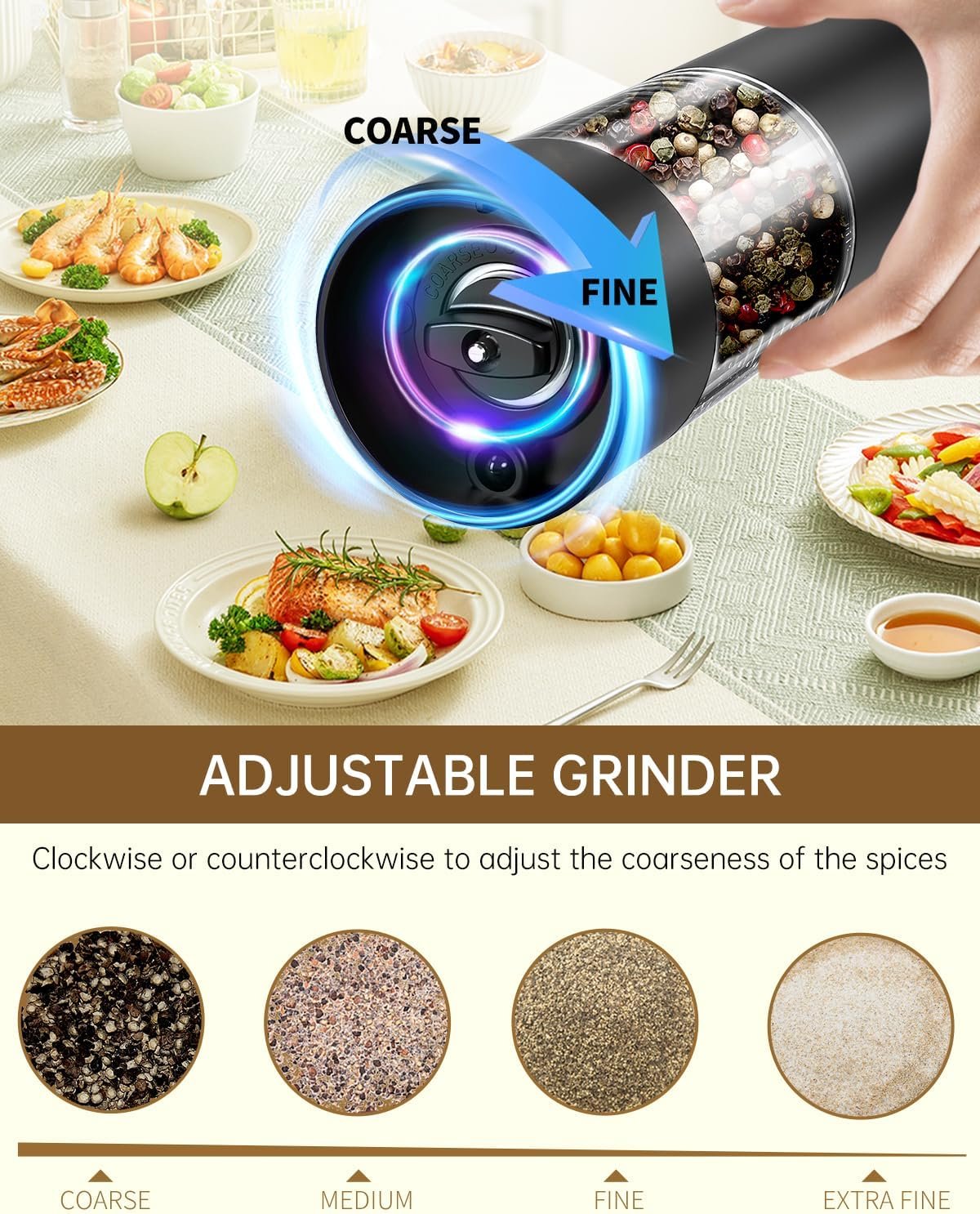 CIRCLE JOY Electric Salt and Pepper Grinder Set Automatic Salt and Pepper Grinder Set with Easy-to-Carry Charging Base and LED Light, Adjustable Coarseness, USB Rechargeable, Washable Container, Black - Image 7