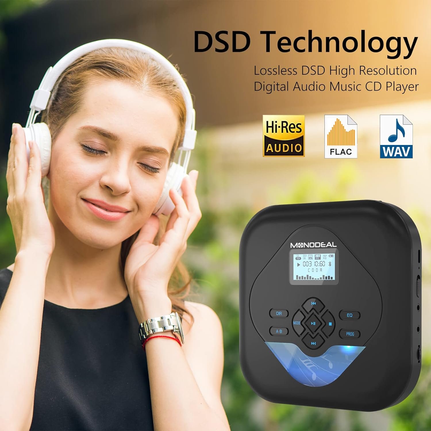 MONODEAL CD Player Portable,Bluetooth CD Player with Speakers,Rechargeable Walkman CD Player for Car and Home,Small Anti-Skip CD Player with Dual Headphone Jacks,WAV/FLAC/MP3/CD Compatible - Image 3