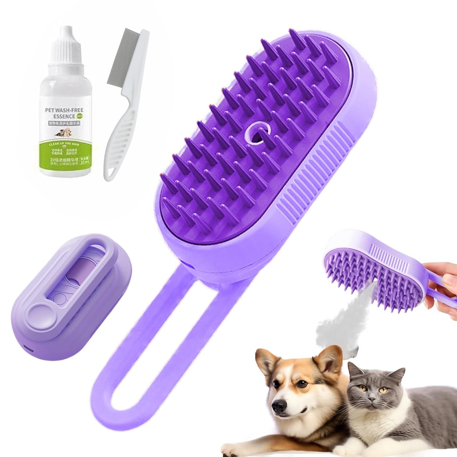 Cloud Care 2.0 3-in-1 Grooming Brush for Cats and Dogs - Foldable Handle, Steamer Brush for Deshedding and Shedding Control (Purple) - Image 2