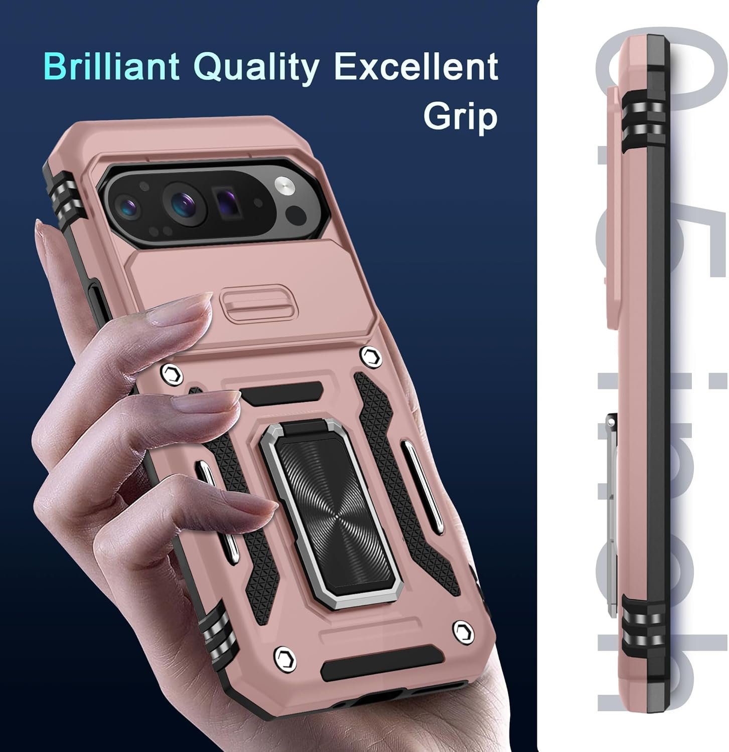 DEERLAMN Case for Google Pixel 9 Pro XL with Slide Camera Cover+Screen Protector(1 Pack), Rotated Ring Kickstand Military Grade Shockproof Protective Cover-Rose Gold - Image 8