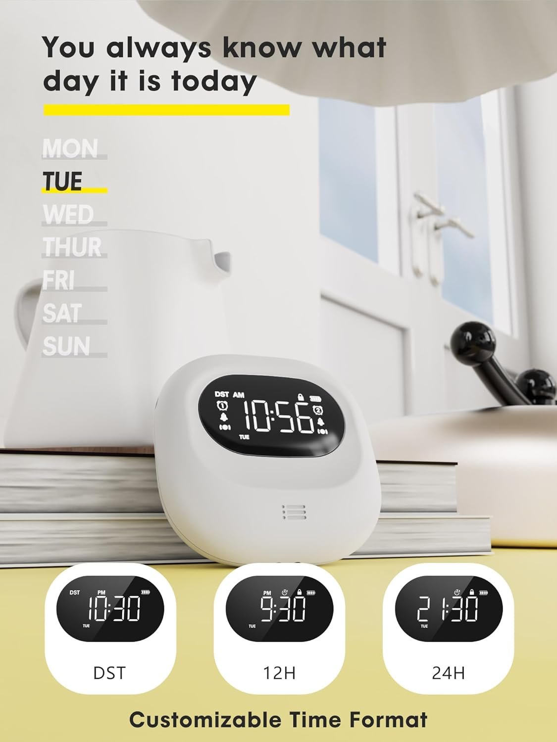 Vibrating Alarm Clock for Heavy Sleepers Adults Kids, Rechargeable Battery Powered Bed Shaker Under Pillow for Hearing Impaired/Deaf, Loud Dual Alarms for Bedrooms Travel, Portable Digital Clock, DST - Image 7