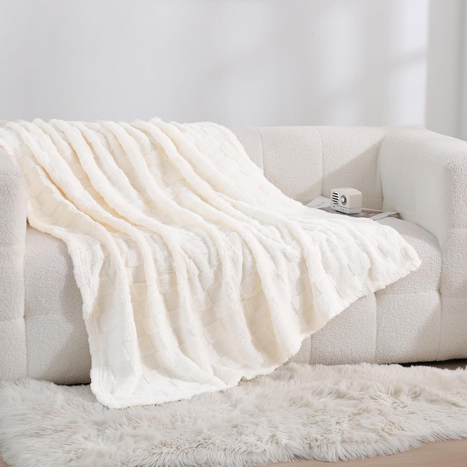 Cream White Fleece Throw Blanket 50”×60” for Couch Sofa Bed,Super Soft Cozy Plush Microfiber Flannel Blanket with 3D Checkered Design Lightweight for Adults,Woman,Girls - Image 4