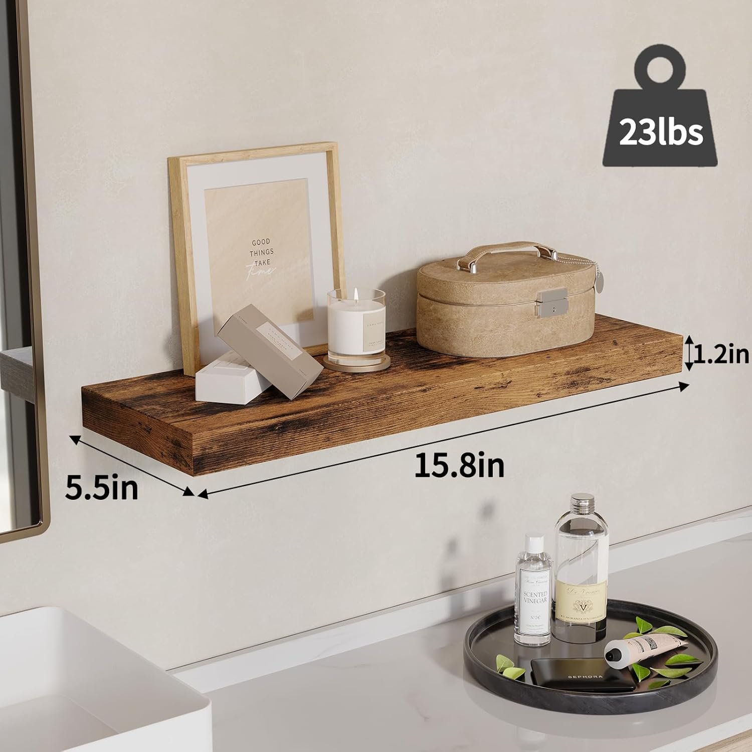 Fixwal 15.8in Floating Shelves, Rustic Wood Finish Wall Shelves Set of 4, Shelves for Wall Decor, with Invisible Brackets for Bathroom, Living Room,Bedroom and Kitchen(Rustic Brown) - Image 4