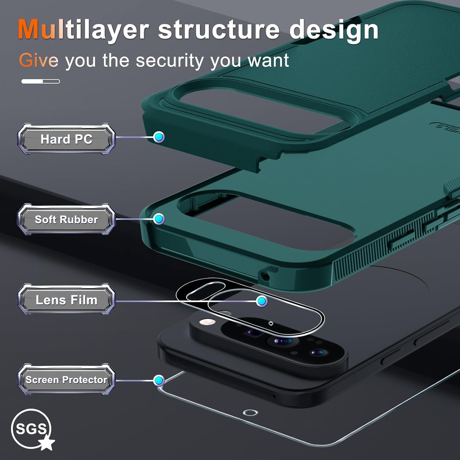 RMOCR Case for Google Pixel 9 Pro XL, Full Body Heavy Duty Rugged Shockproof Protective Phone Cover with Lanyard Strap, Tempered Glass Screen Protector and Camera Lens Cover, Dark Green - Image 3