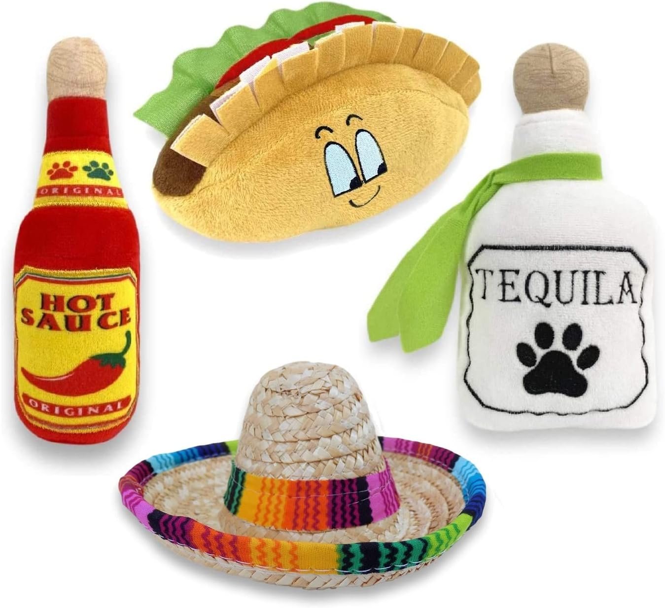 4 Pack Fiesta Dog Chew Toys and Sombrero - Mexican Squeak Plush Toys - Dog Gifts for Chihuahuas - Taco - Tequila - Hot Sauce - for All Breeds - Image 2