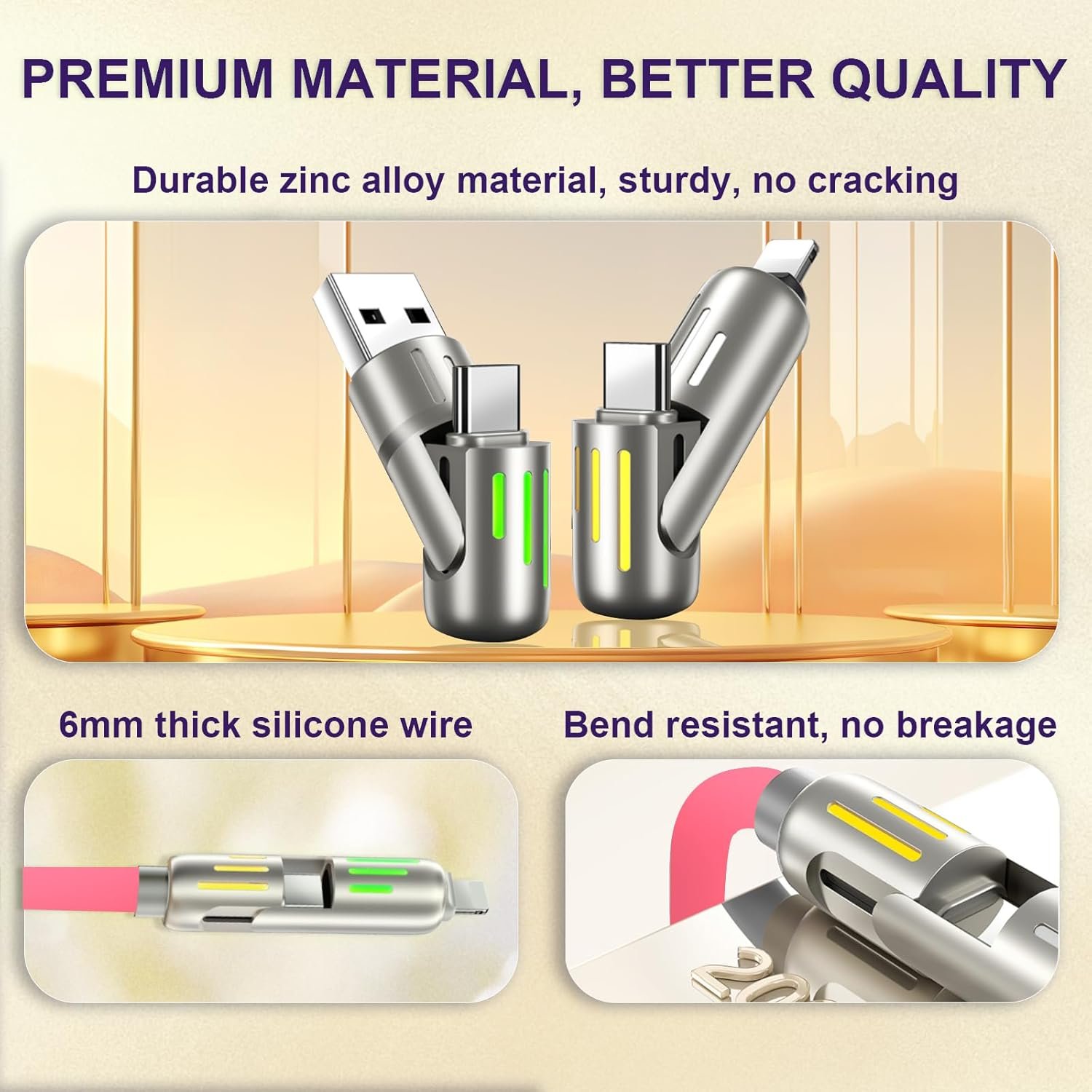 240w 4-in-1 USB C Cable,Multi Charger Cable with Breathing Light, PD 5A Multi Fast Charging & Data Sync Silicone Compatible for iPhone Samsung Laptop Multi Device Charging,4FT(Pink) - Image 5