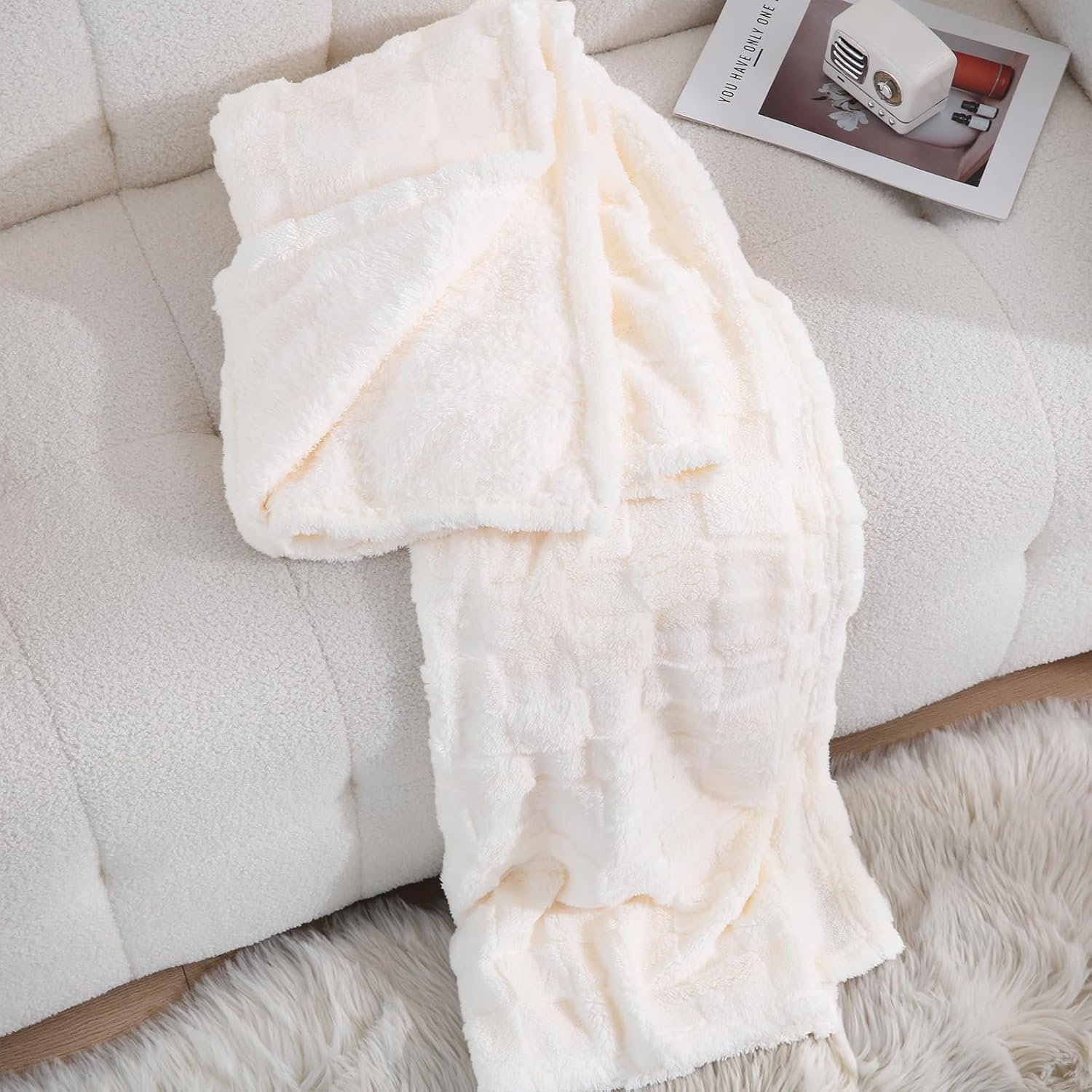 Cream White Fleece Throw Blanket 50”×60” for Couch Sofa Bed,Super Soft Cozy Plush Microfiber Flannel Blanket with 3D Checkered Design Lightweight for Adults,Woman,Girls - Image 3