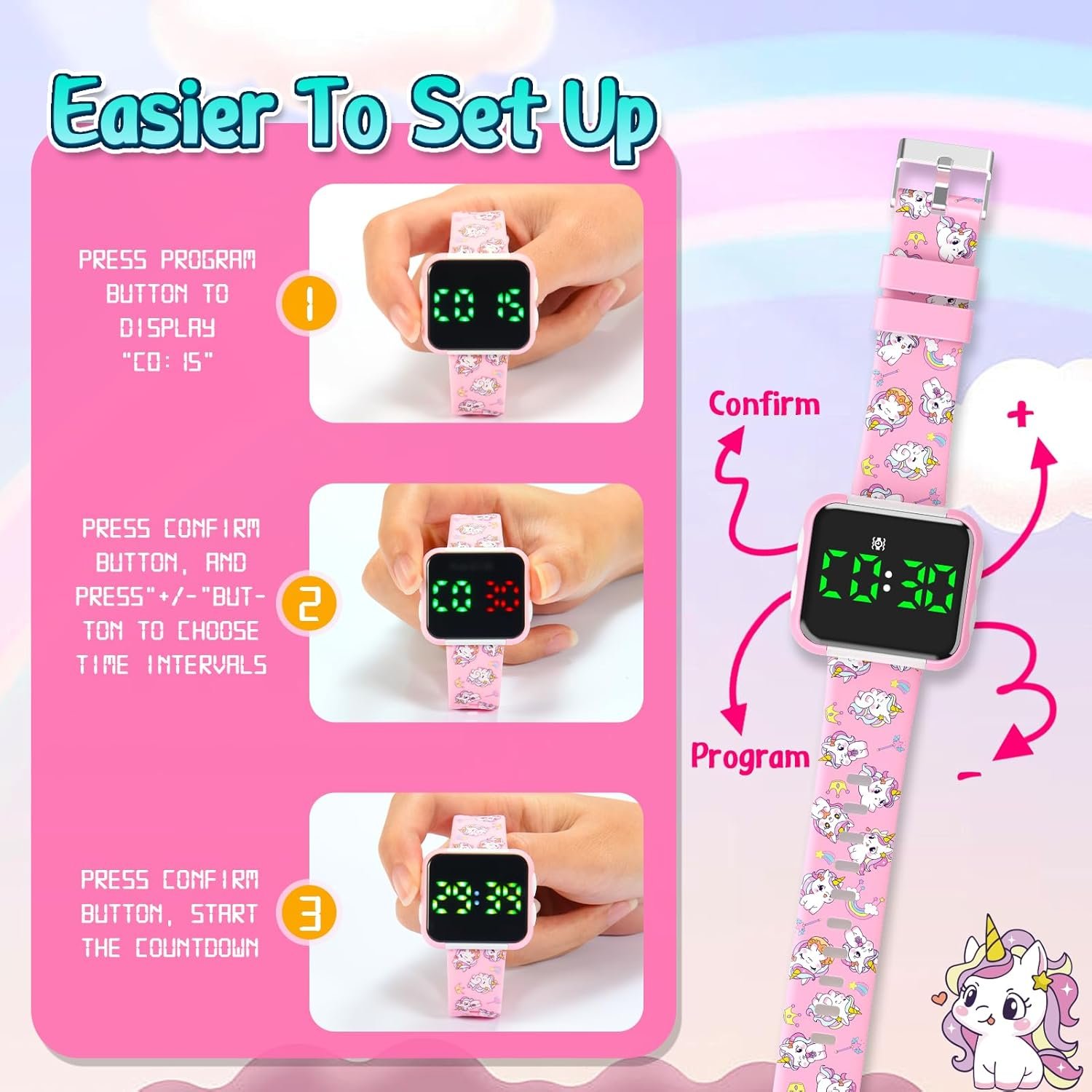 Potty Training Watch for Toddler Girls: Water Resistant Potty Reminder Watches for Kids Adjustable Volume Potty Trainer for Toddlers 1-3 Christmas Gifts for 2 3 4 Year Old Girl (Unicorn) - Image 5