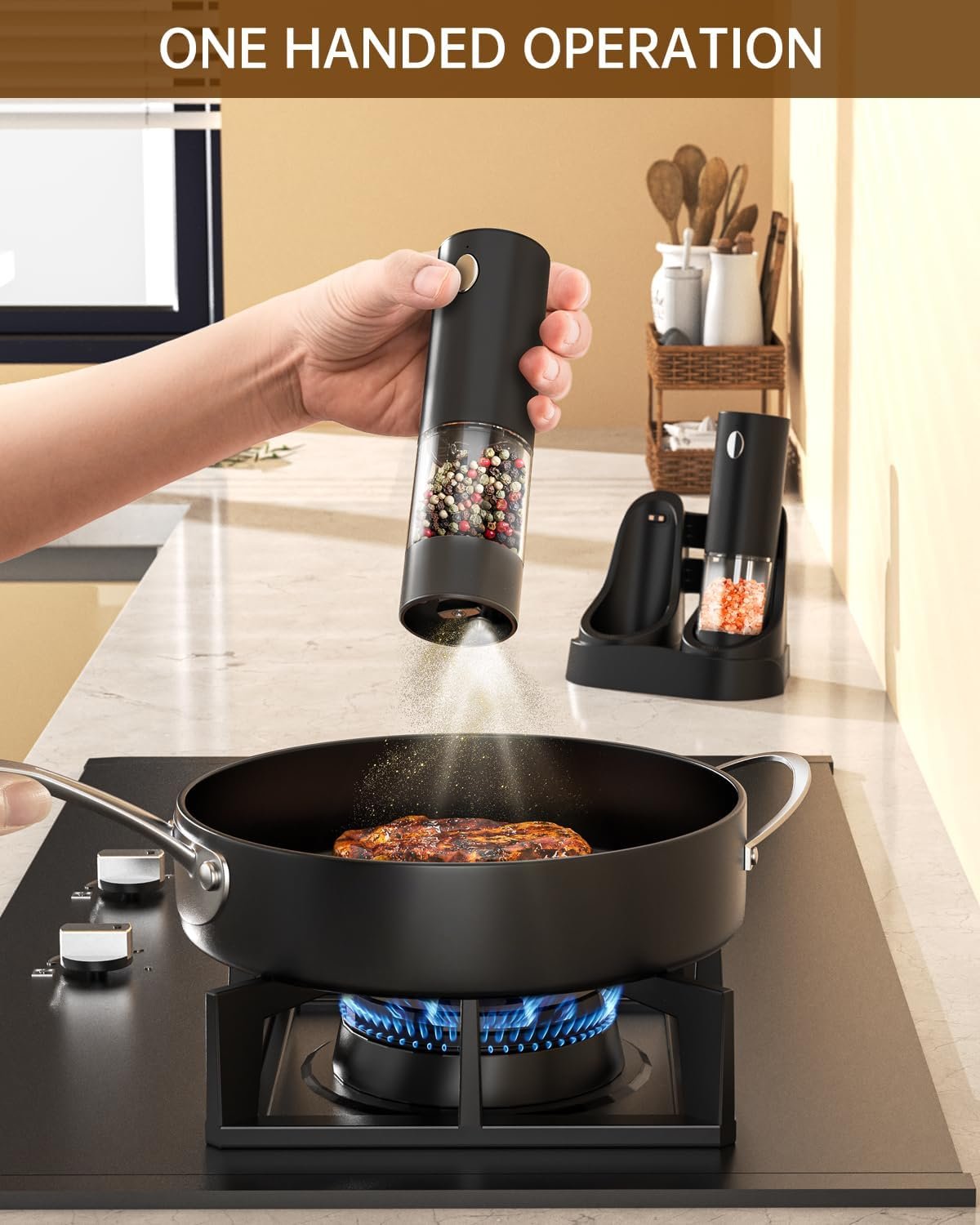 CIRCLE JOY Electric Salt and Pepper Grinder Set Automatic Salt and Pepper Grinder Set with Easy-to-Carry Charging Base and LED Light, Adjustable Coarseness, USB Rechargeable, Washable Container, Black - Image 8