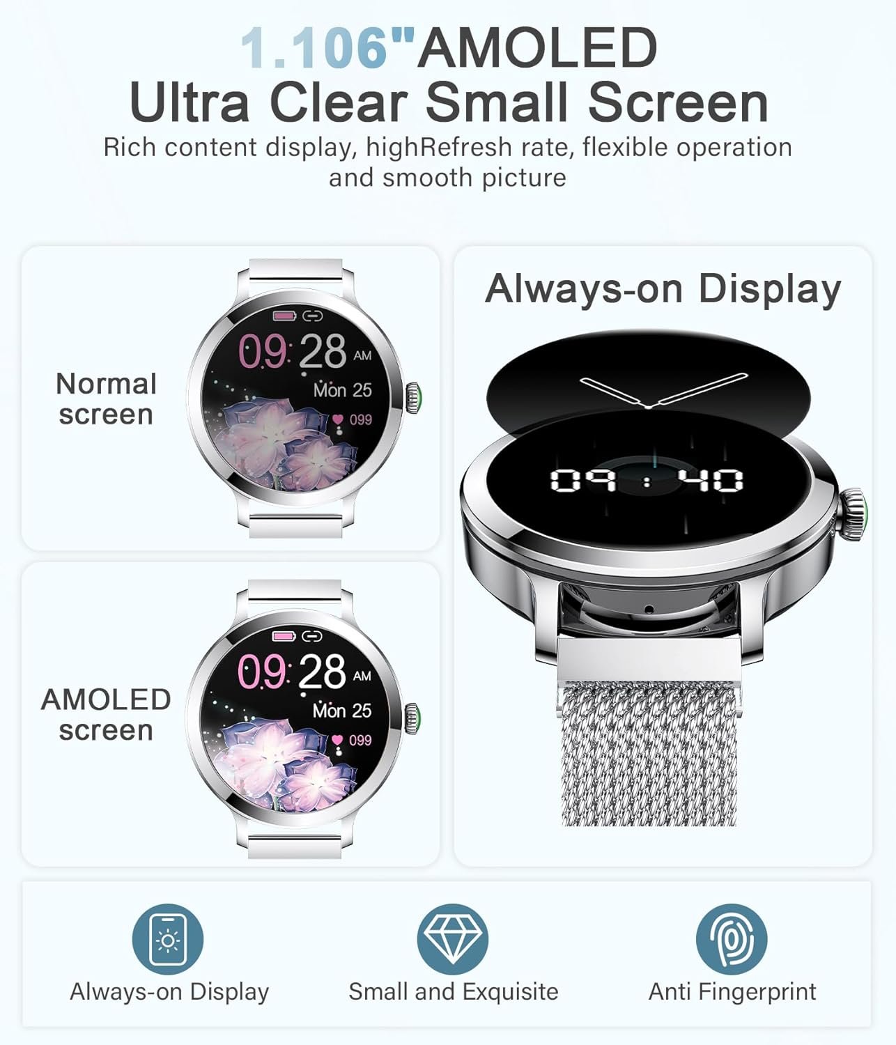 Smart Watches for Women, 1.106" AMOLED Small Screen Smartwatch Answer/Make Call for Android iOS Phones, IP68 Waterproof Fitness Activity Tracker with Heat Rate Sleep Monitor SpO2, Silver - Image 4