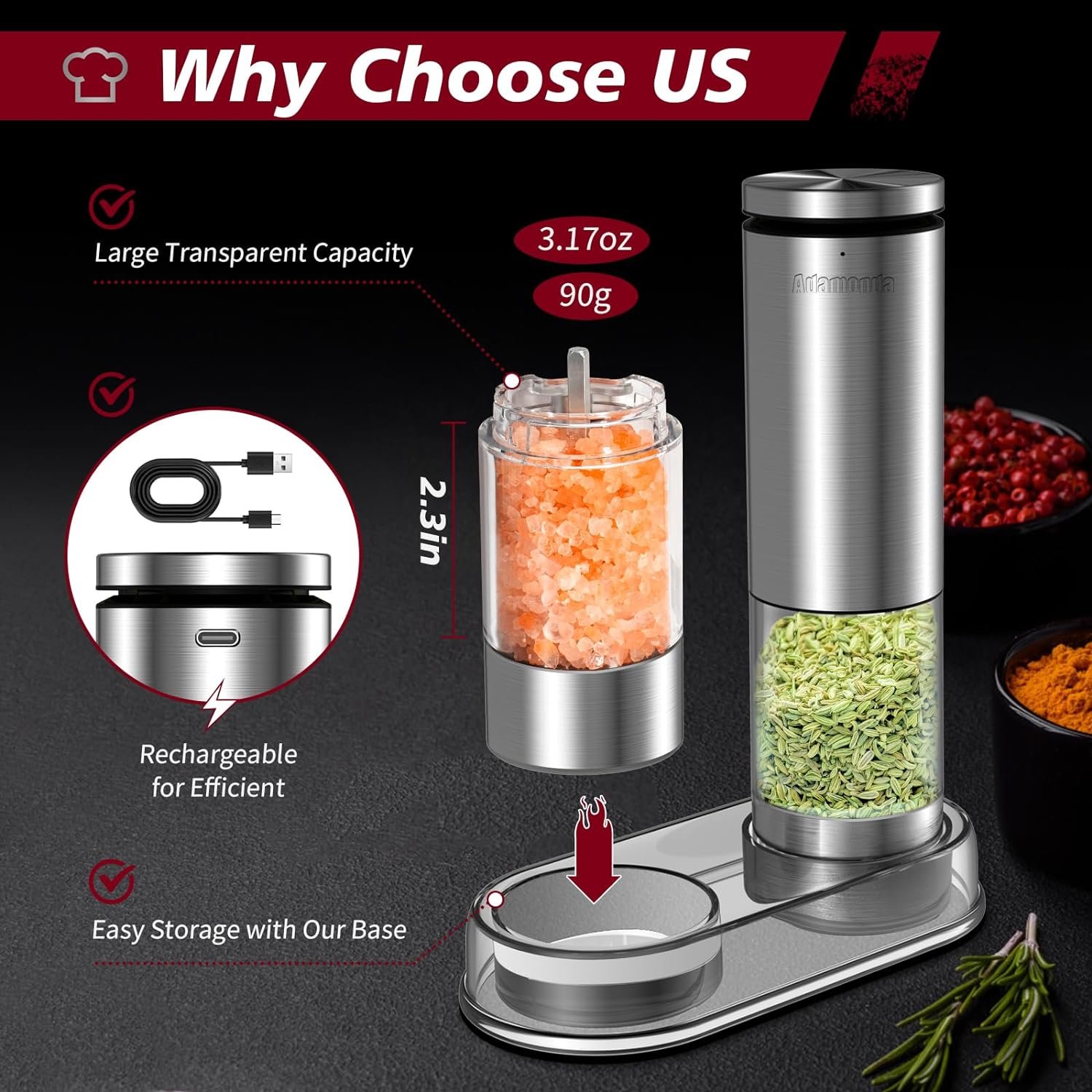 2 Packs Lighted Stainless Steel Rechargeable Electric Salt and Pepper Grinder Set with Adjustable Coarseness,One Hand Operation Automatic Salt and Pepper Mill Grinder Shakers - Image 4