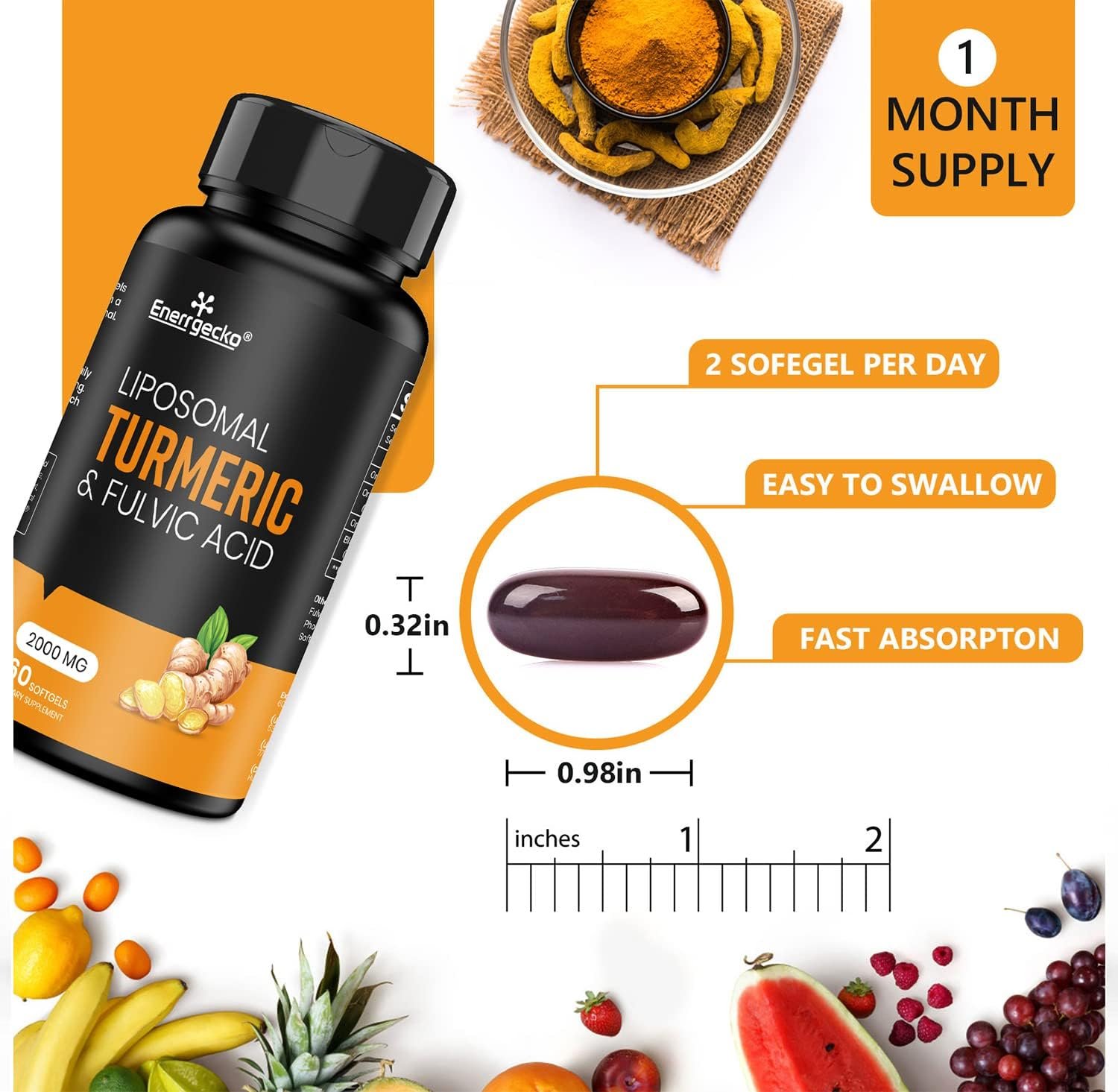 2000 mg Liposomal Turmeric Curcumin with Black Pepper & Ginger for Superior Absorption with Fulvic Acid and Humic Acid 180 Softgels - 3 Month Supply - Image 4