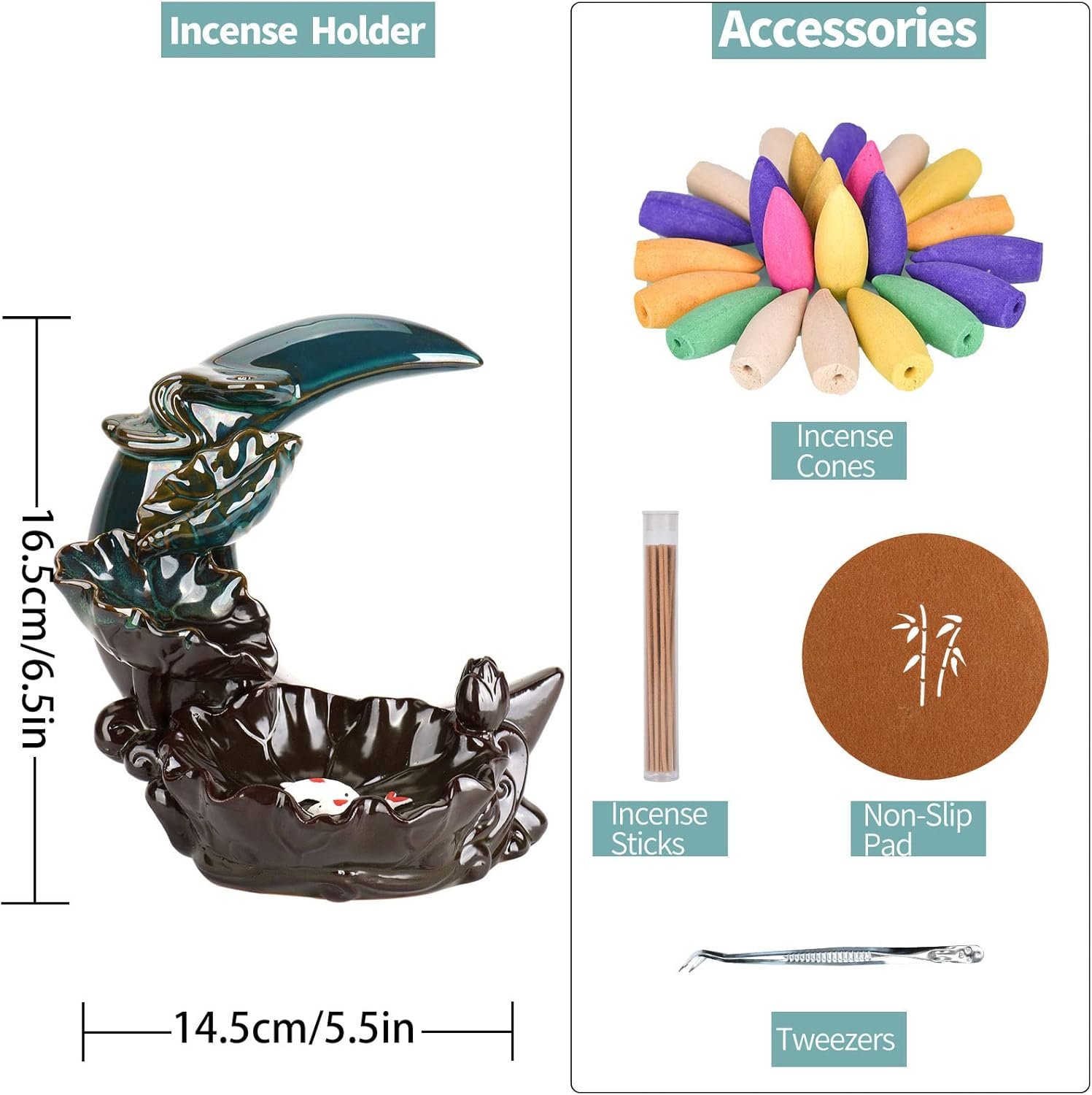YYW Backflow Incense Holder Incense Burner Waterfall with 20 Incense Cones+30 Incense Stick,Lucky Fish Aromatherapy Ornament Home Decor (Moon and Fish) - Image 9
