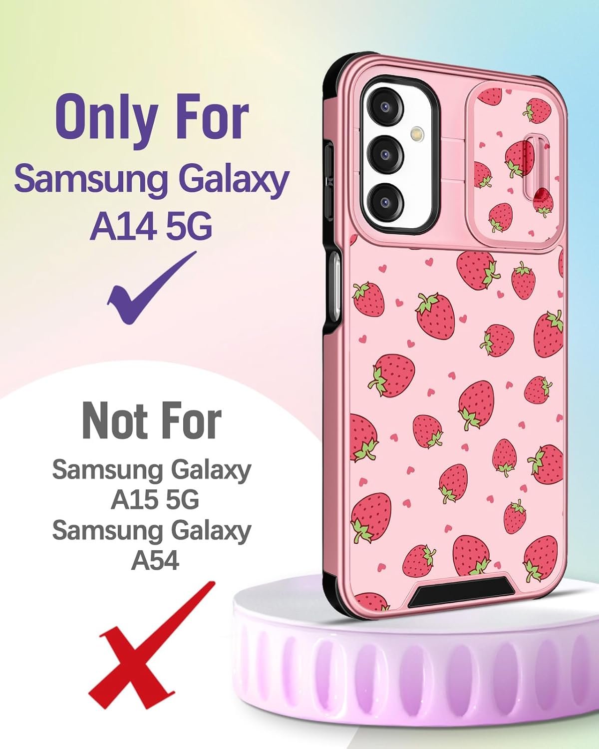 Buleens for Samsung Galaxy A14 5G Phone Case 6.6 Inch - with Ring Stand & Camera Cover Cute Designed for Women Girls Girly Pretty Strawberry for Samsung Galaxy A14 5G Case Compatible with Magsafe - Image 3