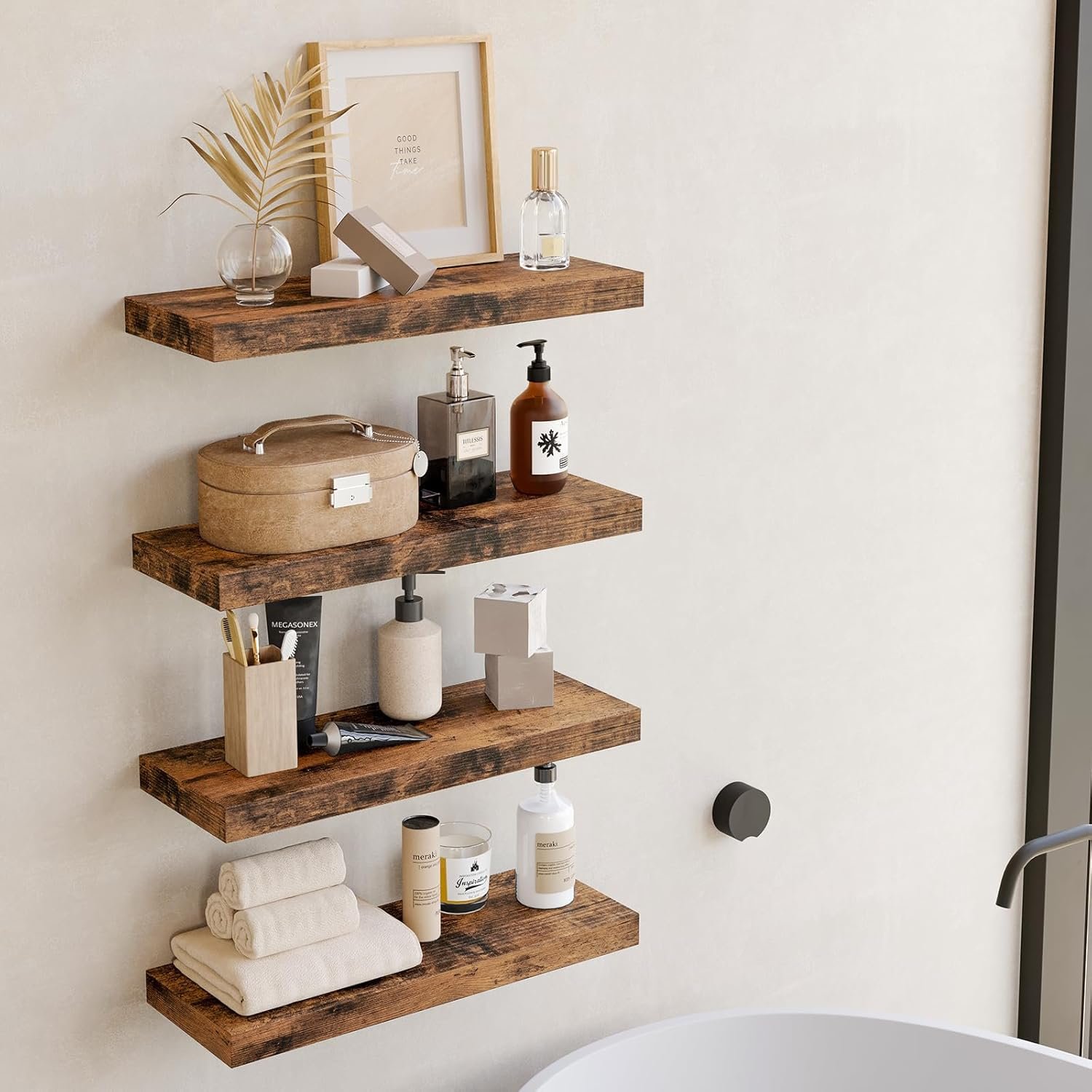 Fixwal 15.8in Floating Shelves, Rustic Wood Finish Wall Shelves Set of 4, Shelves for Wall Decor, with Invisible Brackets for Bathroom, Living Room,Bedroom and Kitchen(Rustic Brown) - Image 6