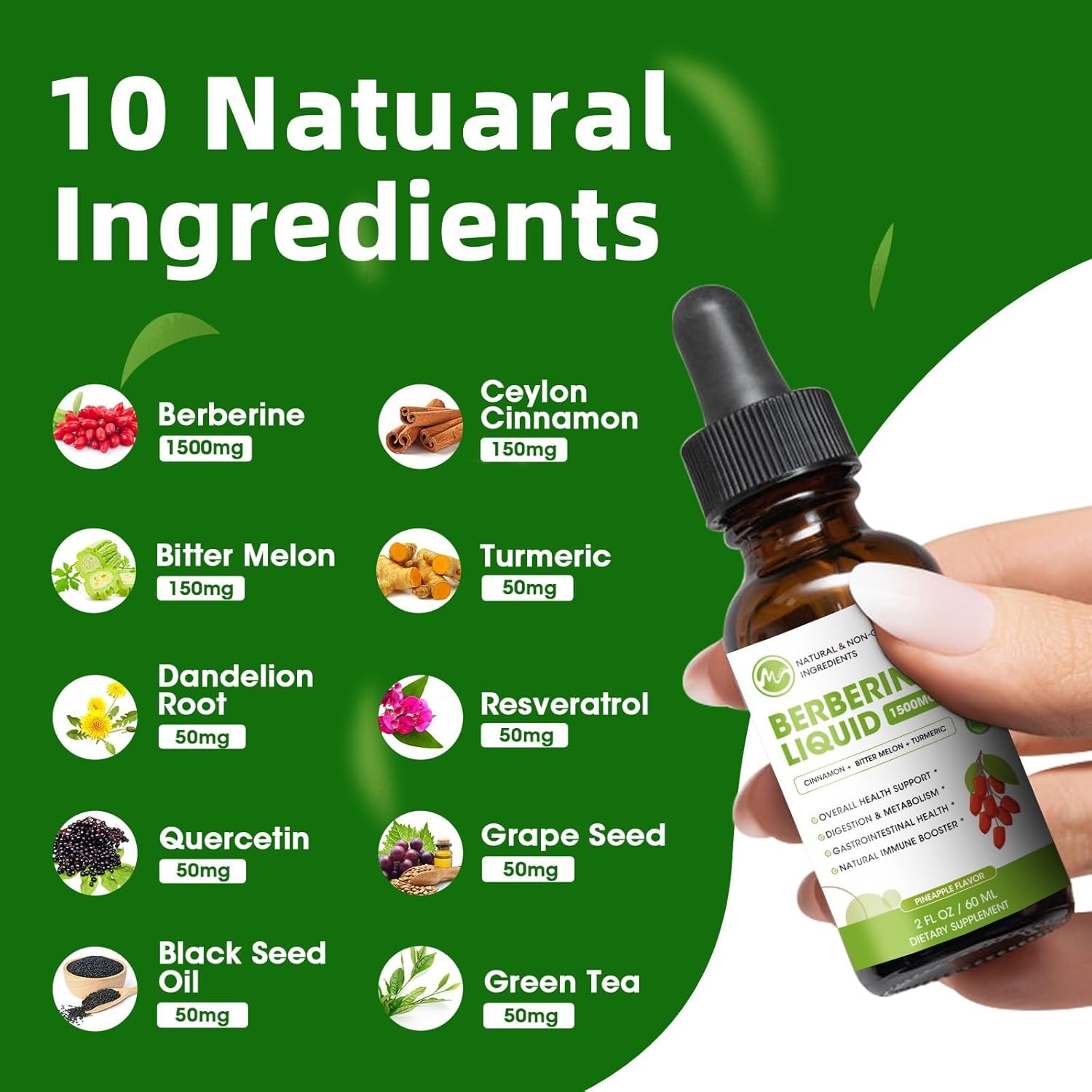 Berberine Supplement Liquid Drops, Berberine 1500mg with Ceylon Cinnamon, Turmeric, Resveratrol, Bitter Melon, & More-10X Extra Strength Vegan Supplement, Supports Immune System & Digestive System - Image 4