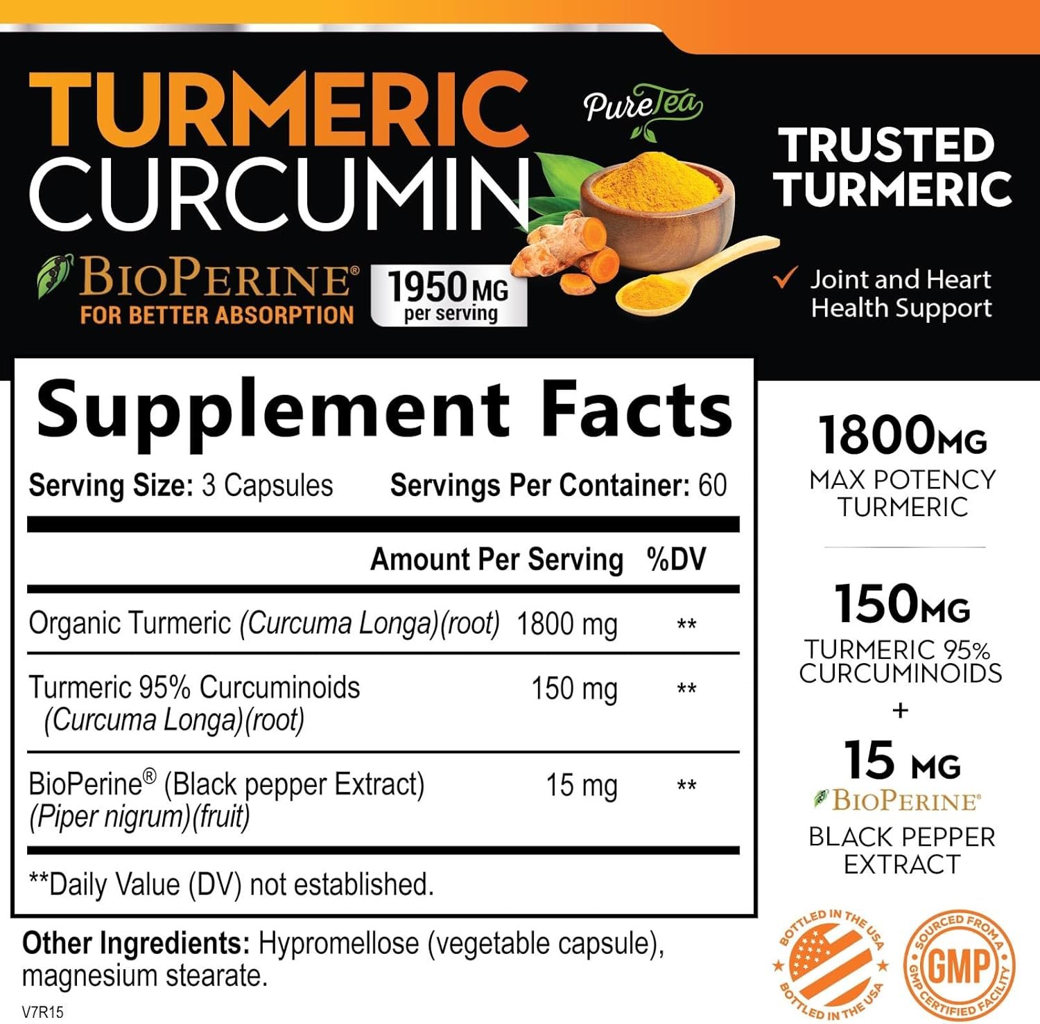 Turmeric Curcumin with BioPerine 1950mg, 95% Standardized Curcuminoids - Black Pepper for Advanced Absorption, Herbal Joint Support, Nature's Tumeric Extract Supplement Non-GMO - 180 Capsules - Image 3