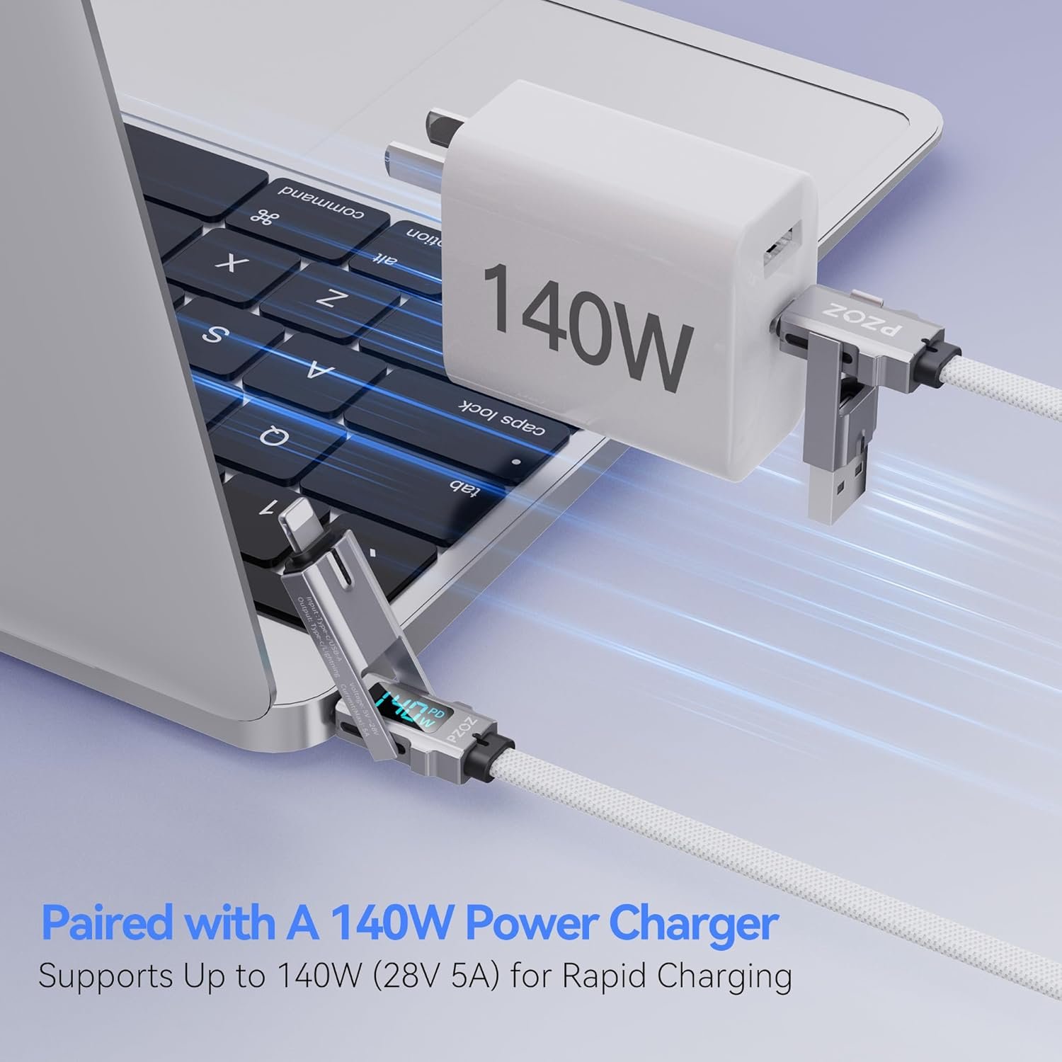 pzoz 4-in-1 USB C Fast Charging Cable with LED Display, Multi USBC Charger Combo Lightning/Type C/USB A Metal Ports for iPhone 16/15/14 Pro Max iPad MacBook AirPods Pro Samsung Google (140W, 5 ft) - Image 5