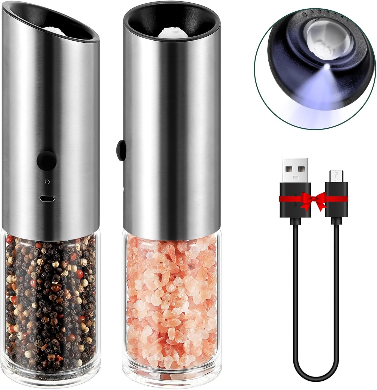 Vzaahu Gravity Electric Pepper and Salt Grinder Set of 2 - Rechargeable, Refillable, Adjustable Coarseness, Stainless Steel Salt Pepper Mill with LED light - One Hand Operation (Sliver) - Image 2