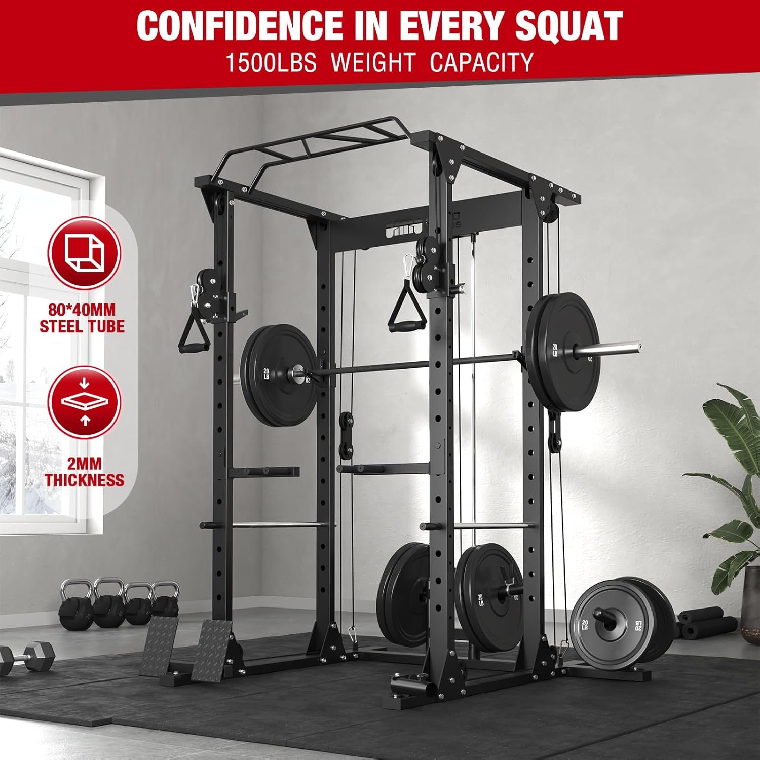 ONNO Power Cage,1500LBS Power Rack with Adjustable Cable Crossover System,Multi-Function Workout Cage,Squat Rack for Home Gym F2 and More Training Attachment - Image 8