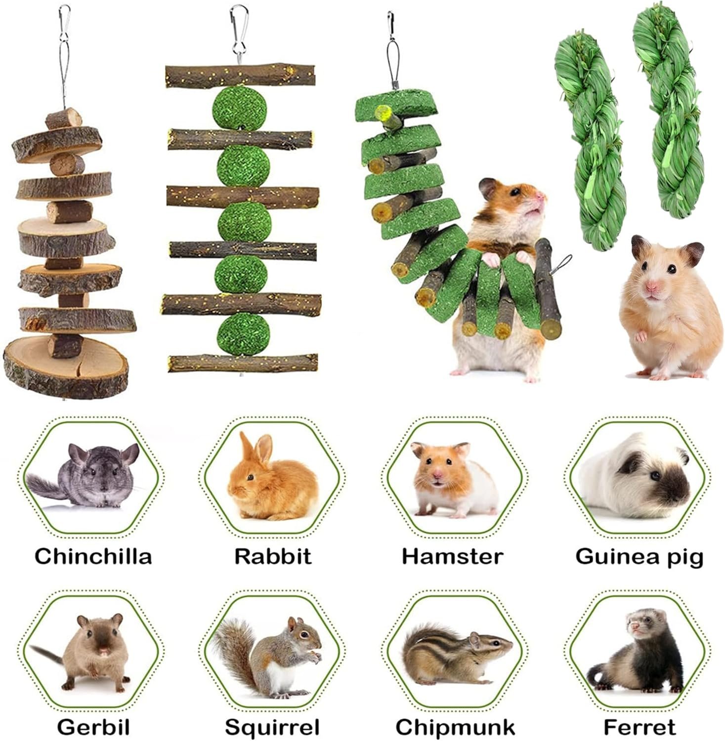5pcs Rabbit Toys,Bunny Chew Treat for Teeth Grinding,Hanging Timothy Hay Ball +Apple Stick Wood +Alfalfa Grass Cake Food Snack for Cage Guinea Pig Chinchilla Hamster Squirrel Gerbil Rat Parrot - Image 4