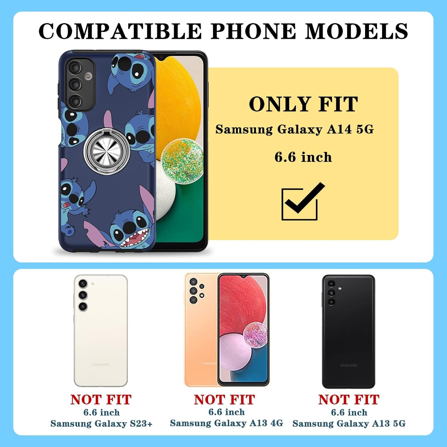 Joyleop Cute Cover for Galaxy A14 5G Phone Case Cartoon Funny Print for Girls Kids Pretty Girly with Ring Holder Stand Magnetic Kickstand Military Grade for Samsung A14 5G 6.6",Stit - Image 3