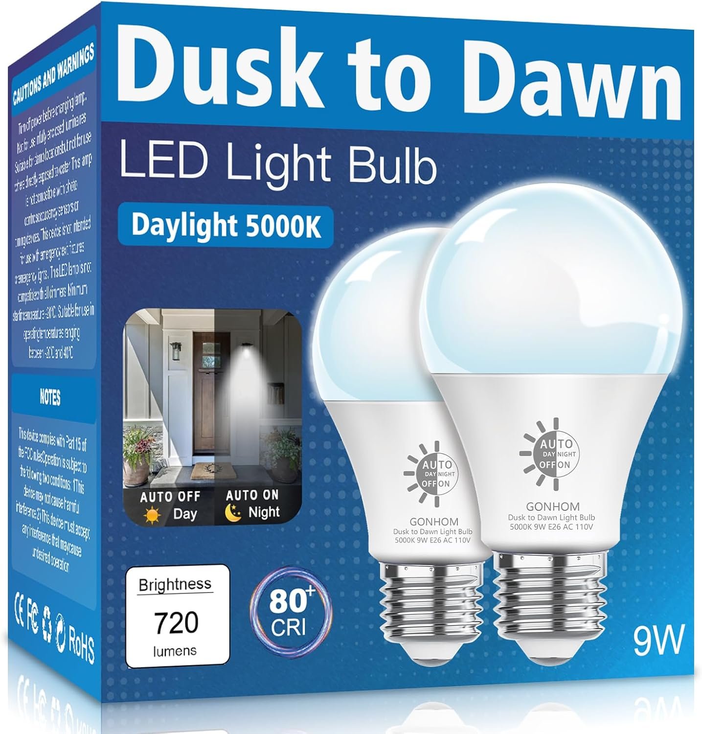 2 Pack Dusk to Dawn Light Bulbs Outdoor, 5000K-Daylight, 720LM, 9W(60W Equivalent) A19 E26 Automatic On/Off LED Light Bulbs, Dusk to Dawn LED Outdoor Lighting for Porch Garage Patio - Image 2