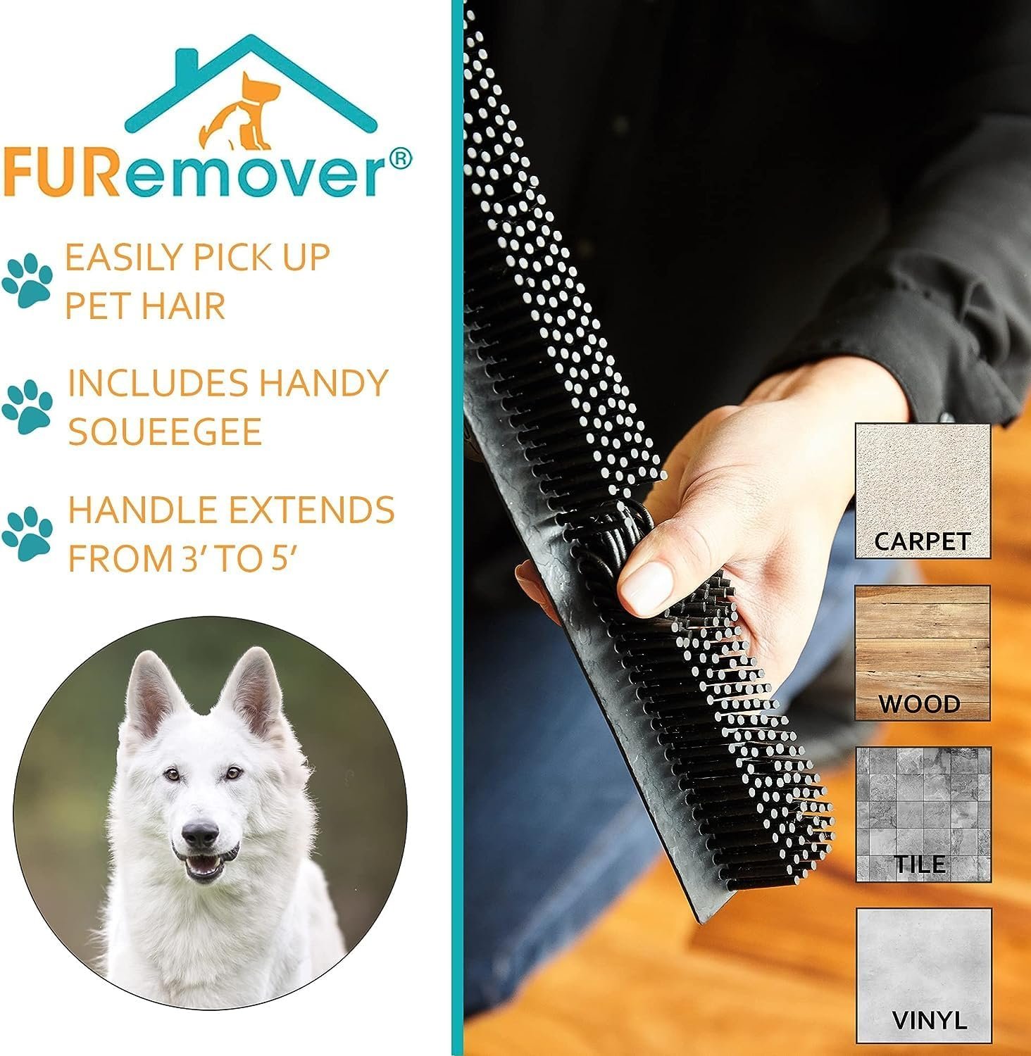 FURemover Original Indoor Pet Hair Rubber Broom with Carpet Rake and Squeegee, Black and Yellow - Image 5