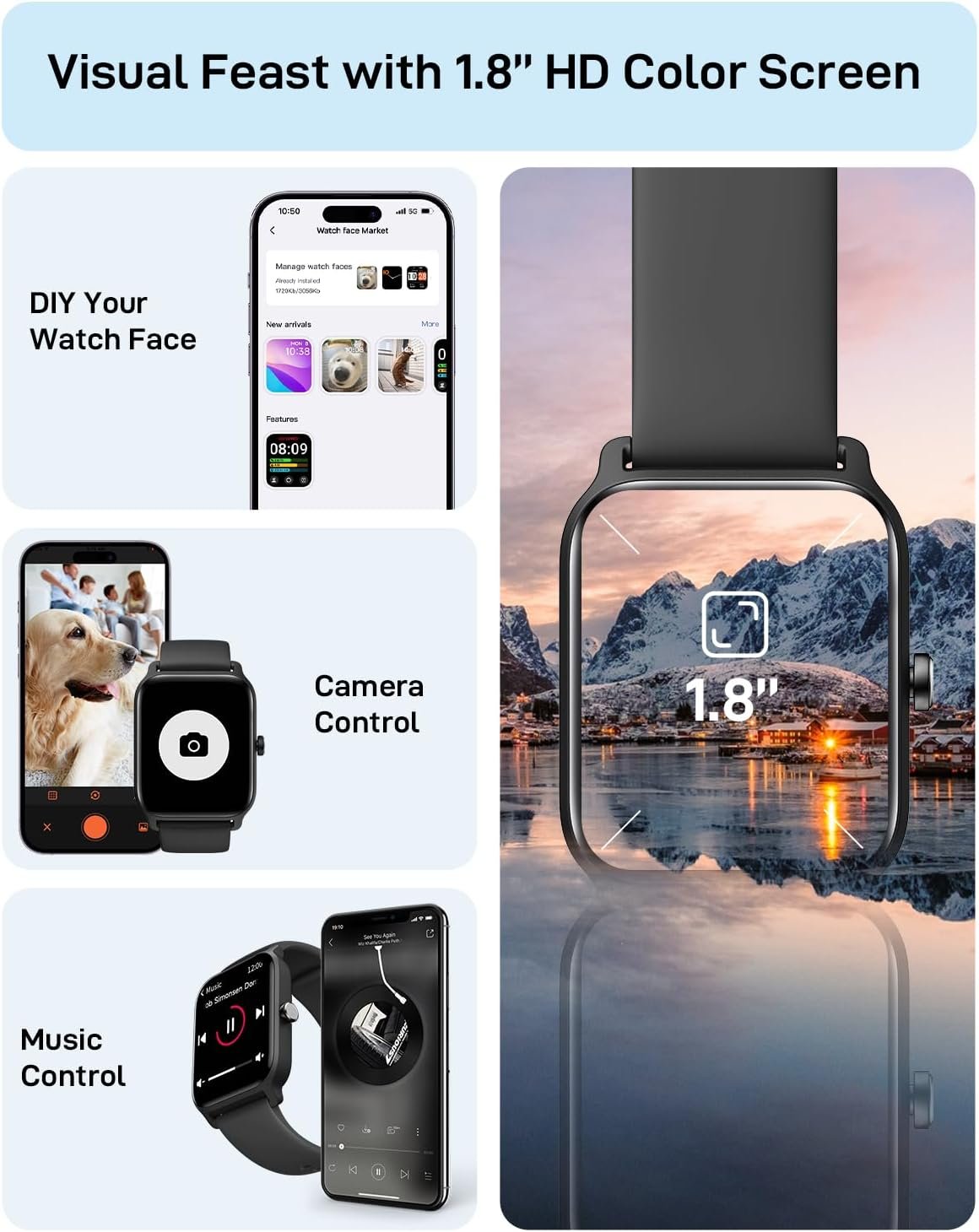 Gydom Smart Watch for Men Women Android & iPhone, Alexa Built-in, 1.8" Fitness Watches with Bluetooth Call (Answer/Make), Heart Rate/Sleep/SpO2 Monitor, IP68 Waterproof Fitness Tracker, 101+ Sports - Image 7