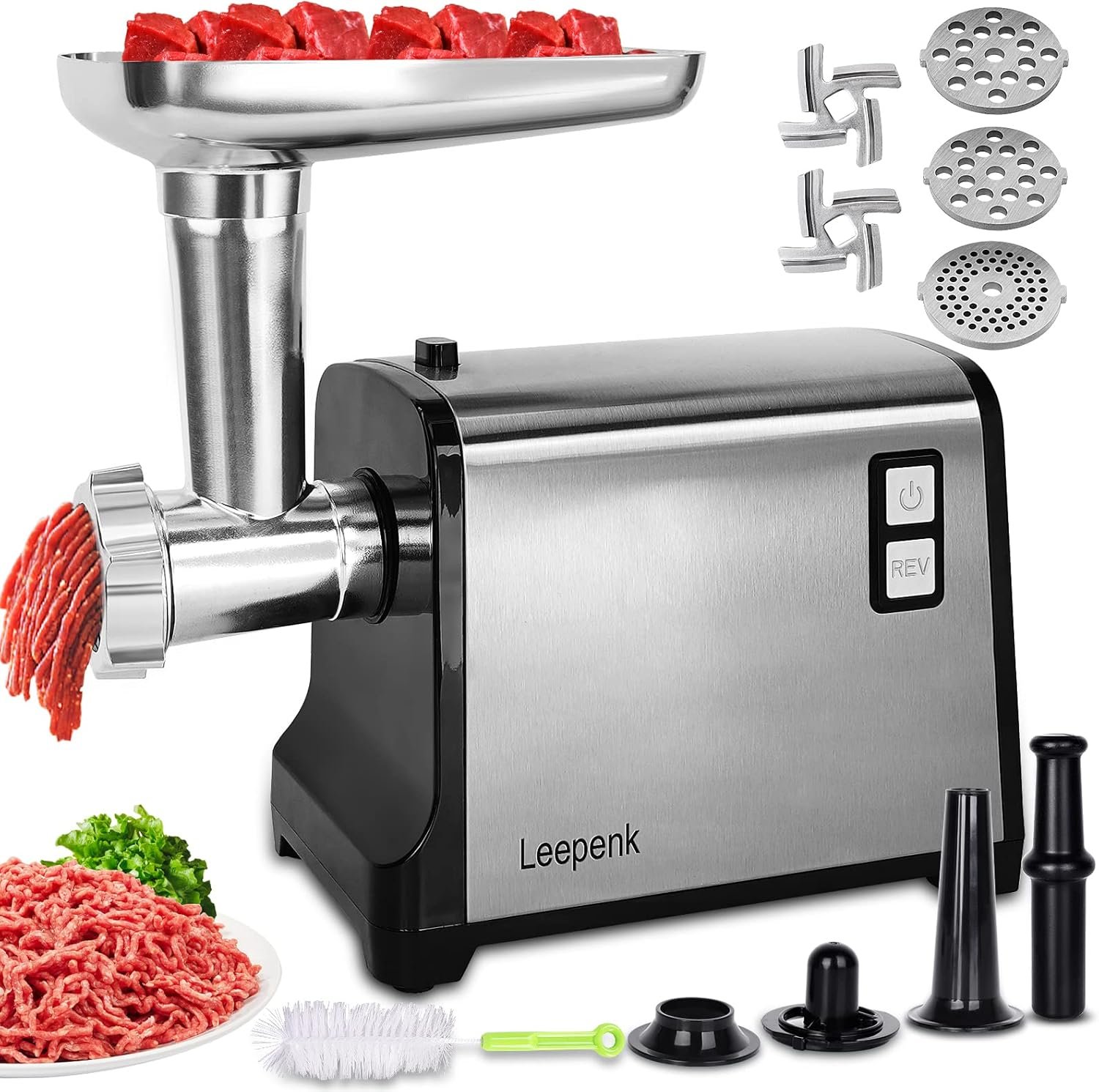 LEEPENK Meat Grinder Electric 2600W Max Heavy Duty Meat Mincer Machine,Stainless Steel Electric Meat Grinder with Safe Reverse Function Sausage Stuffer Maker and Kubbe Kit,2 Blades,3 Plates - Image 2