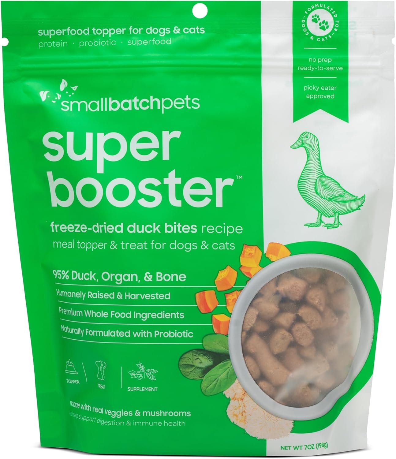 smallbatch Pets Freeze-Dried Super Booster Duck Bites for Dogs & Cats, 7 oz, Made in The USA, Organic Produce, Humanely Sourced Meat, Single Source Protein, Mixer & Topper, Mushrooms and Probiotics - Image 2
