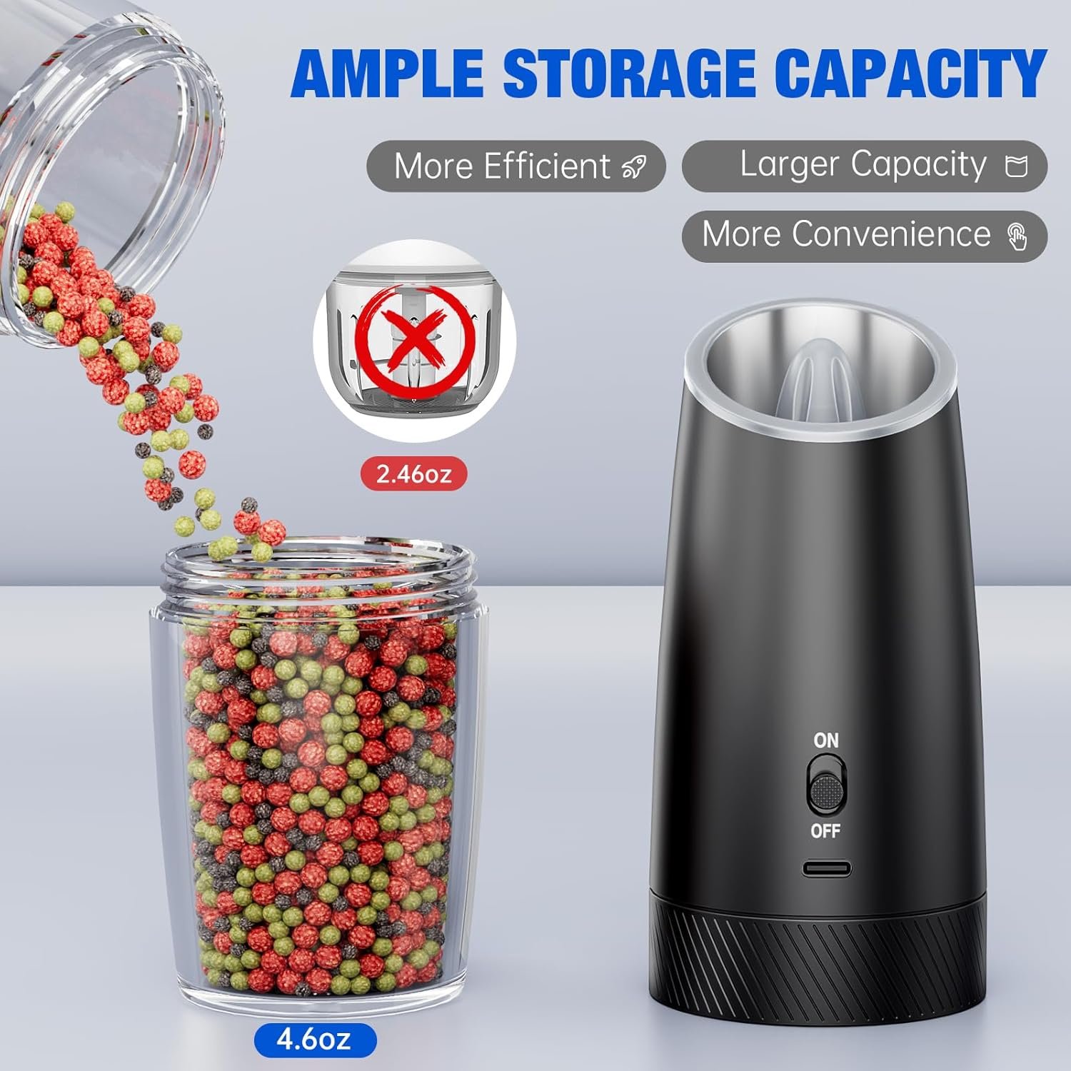 Upgraded Gravity Electric Salt and Pepper Grinder Set Rechargeable Electric Pepper Grinder With Adjustable Coarseness, LED Light, No Battery Needed, 4.6oz Refillable, One Hand Operation, Black, 2-Pack - Image 7