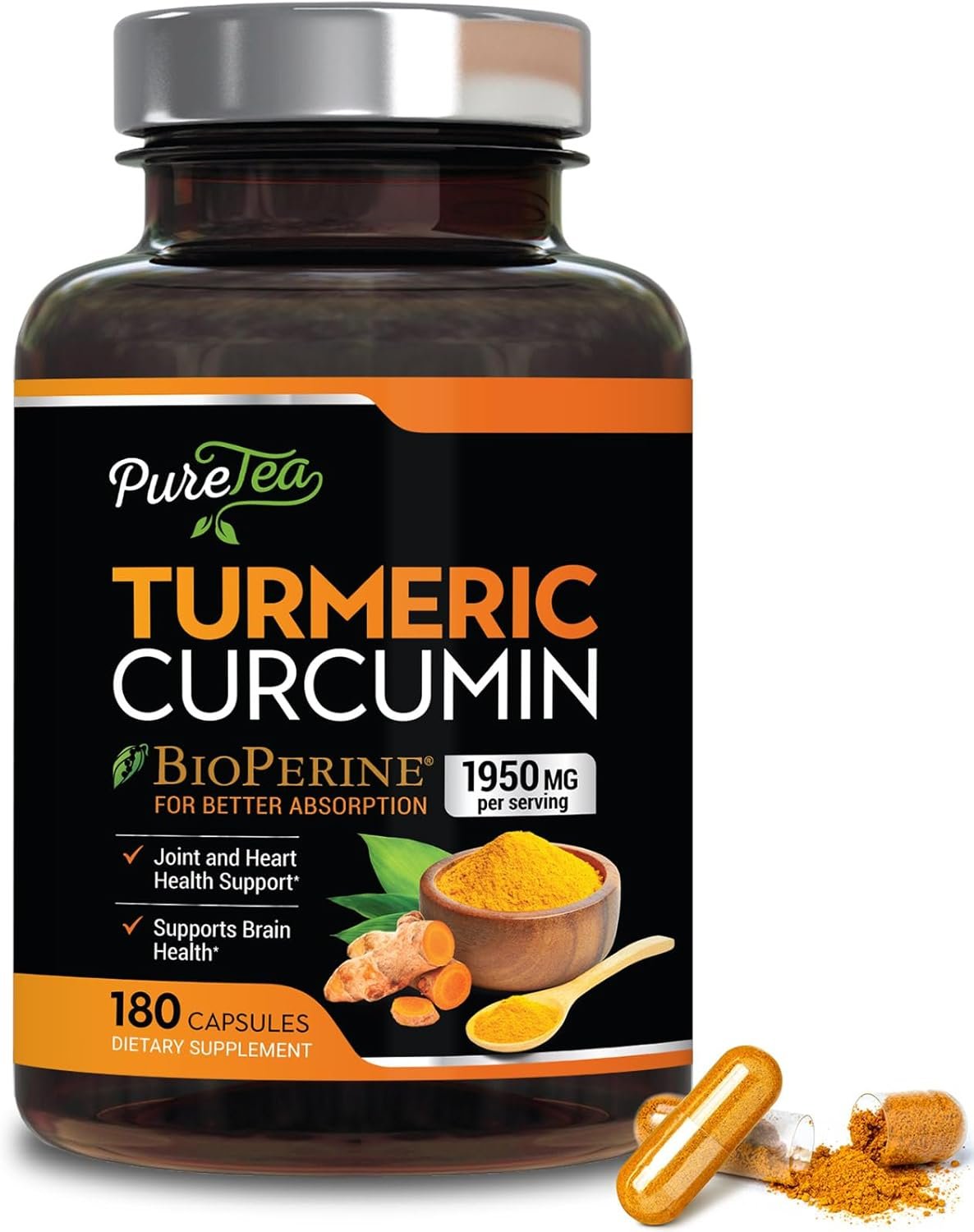 Turmeric Curcumin with BioPerine 1950mg, 95% Standardized Curcuminoids - Black Pepper for Advanced Absorption, Herbal Joint Support, Nature's Tumeric Extract Supplement Non-GMO - 180 Capsules - Image 2