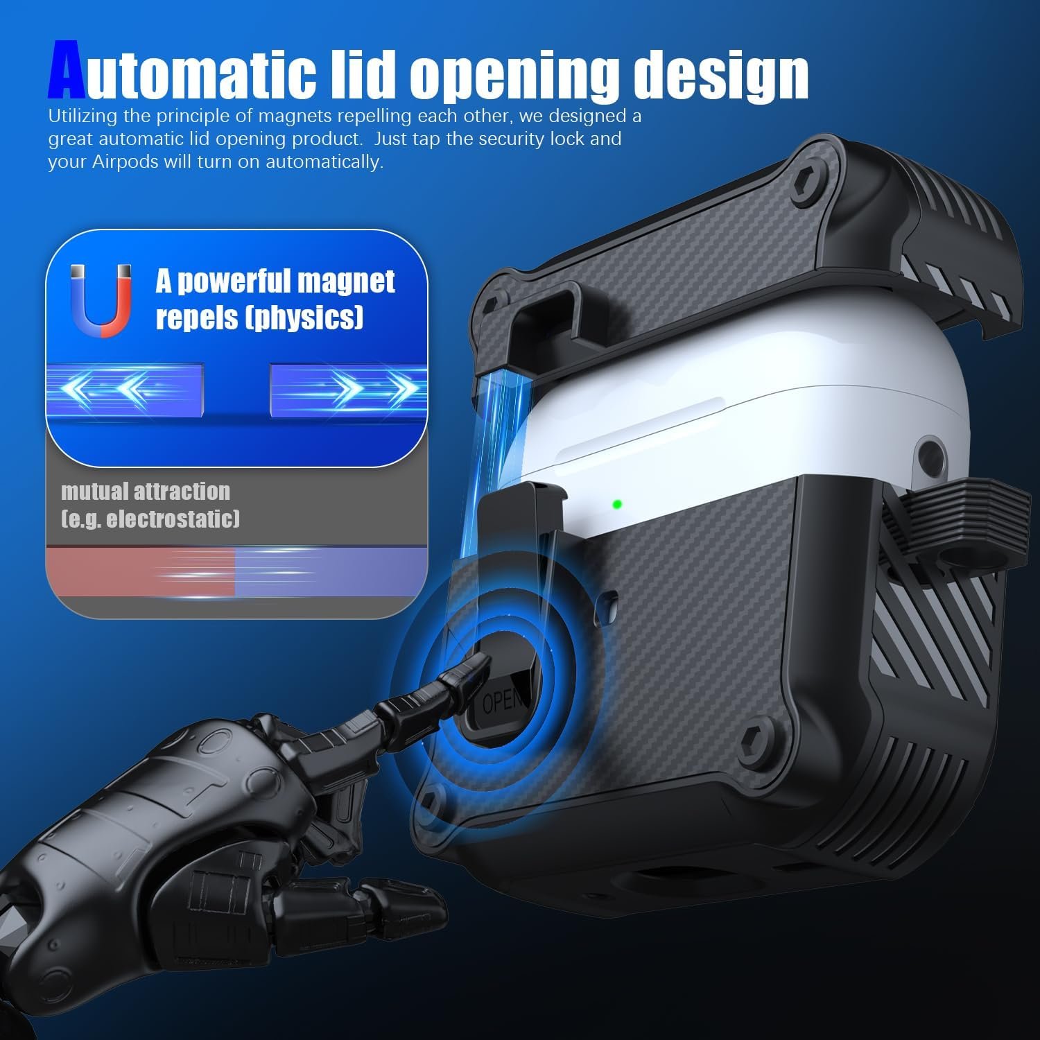 RFUNGUANGO for AirPods Pro 2nd /1st Generation Case Cover, Automatic Pop-up Carbon Fiber Case with Secure Lock Clip, Full Body Shockproof Hard Shell Protective Case for (2023/2022/2019)-Black - Image 3