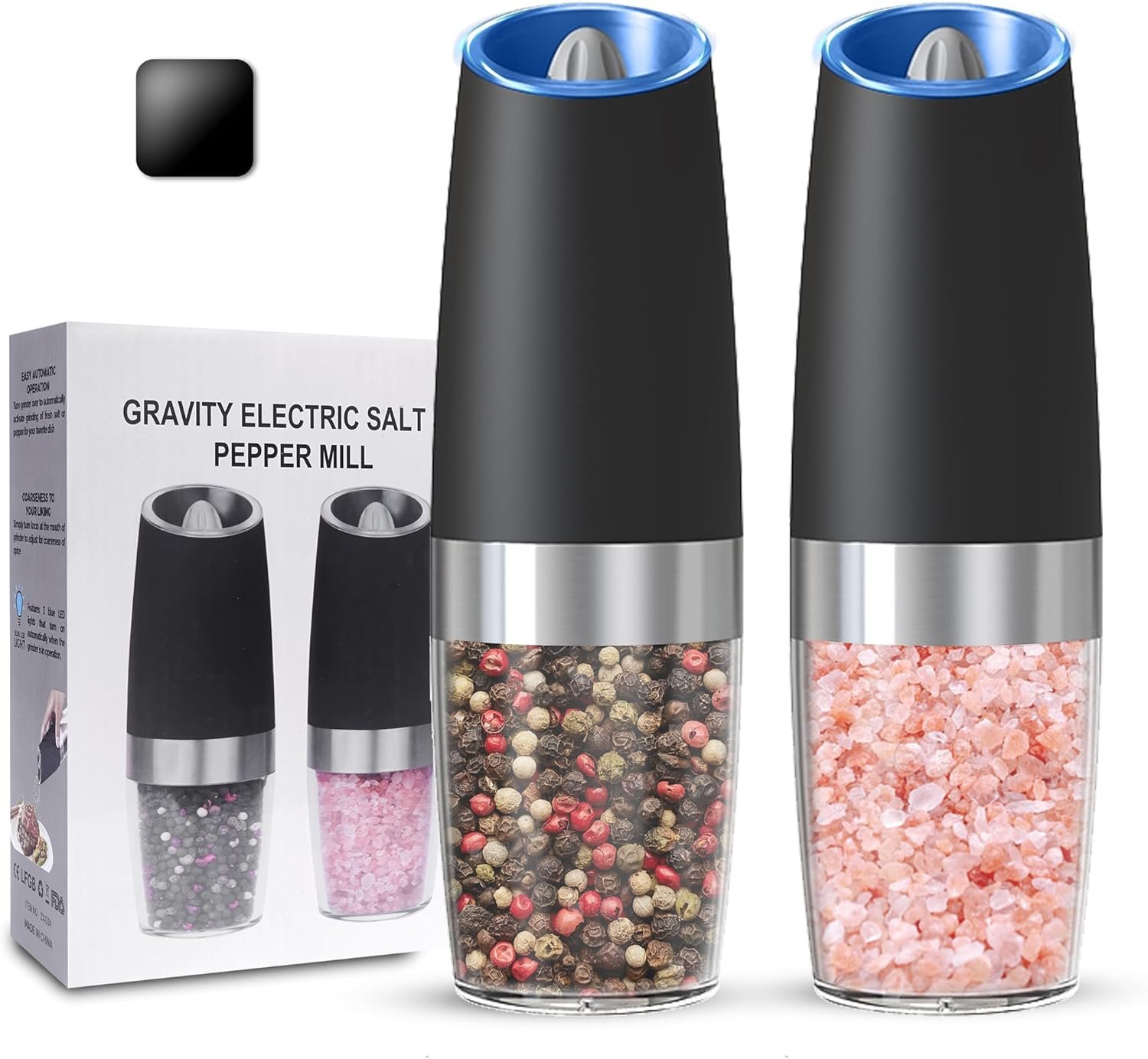 Gravity Electric Salt and Pepper Grinder set of 2, Automatic Salt And Pepper Grinder Set, Adjustable Roughness, Battery Powered, LED Light, 2 Pack Set, (Black) - Image 2