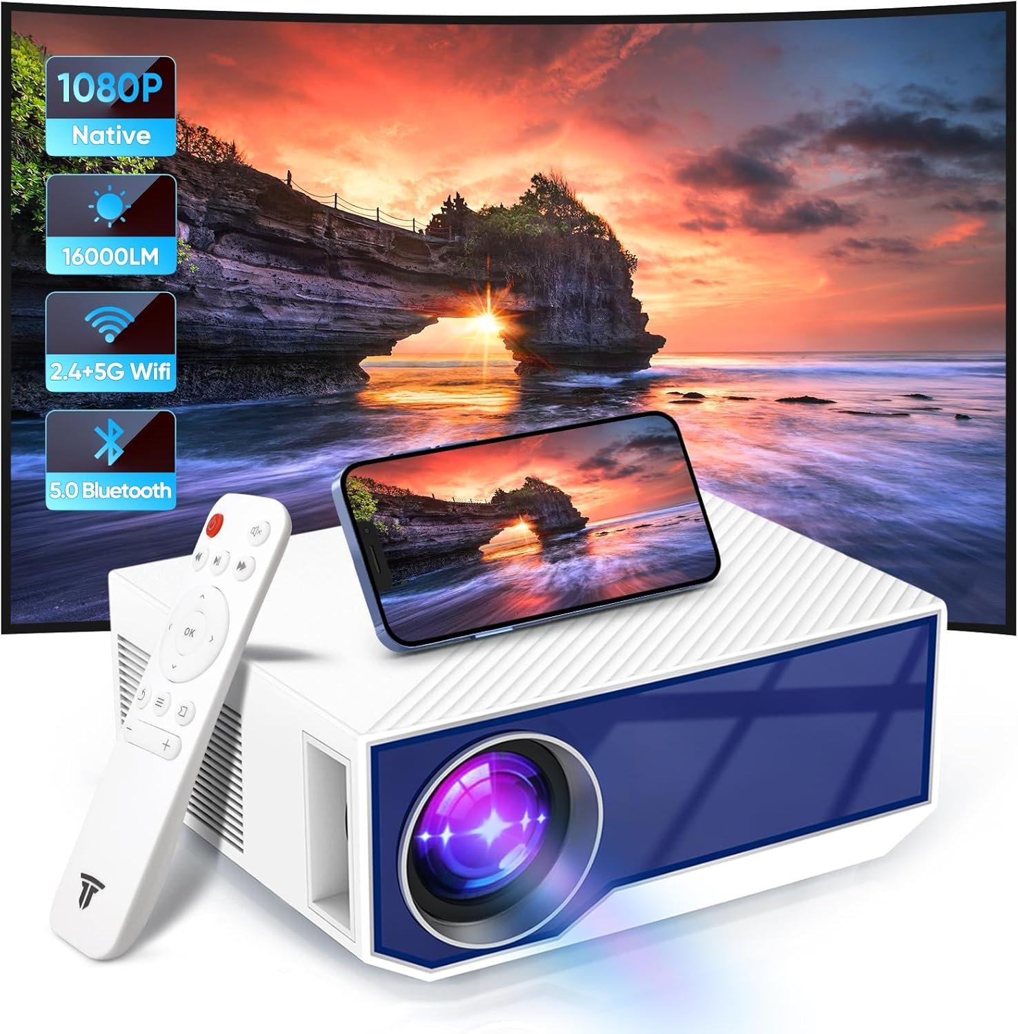 Projector with WiFi and Bluetooth, 16000Lumens Portable Mini Projector,Native Full HD 1080P Outdoor Movie Projector,Smart Projector Compatible with Android/iOS/Windows/TV Stick/HDMI/USB(off white) - Image 2