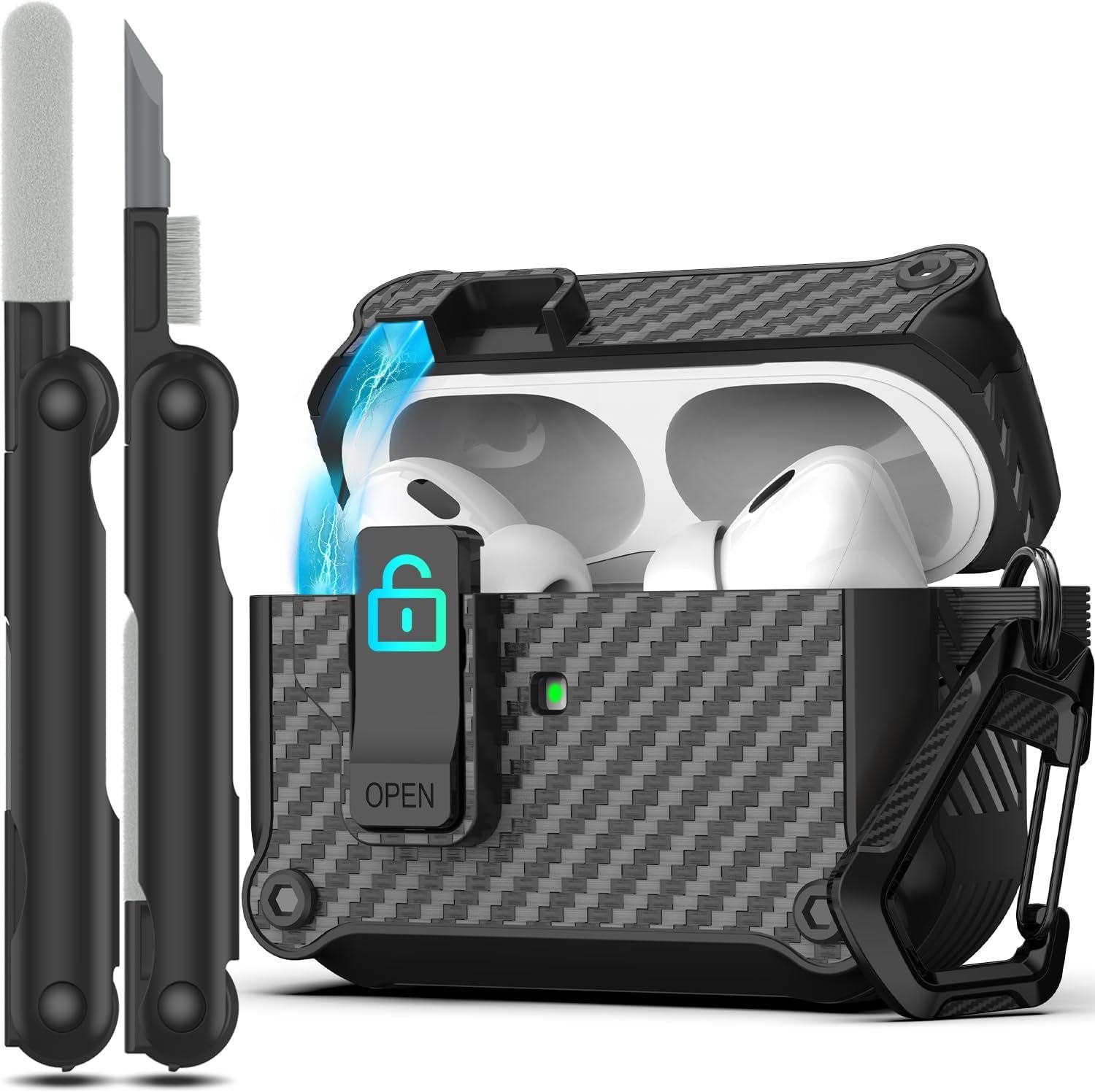 RFUNGUANGO for AirPods Pro 2nd /1st Generation Case Cover, Automatic Pop-up Carbon Fiber Case with Secure Lock Clip, Full Body Shockproof Hard Shell Protective Case for (2023/2022/2019)-Black - Image 2