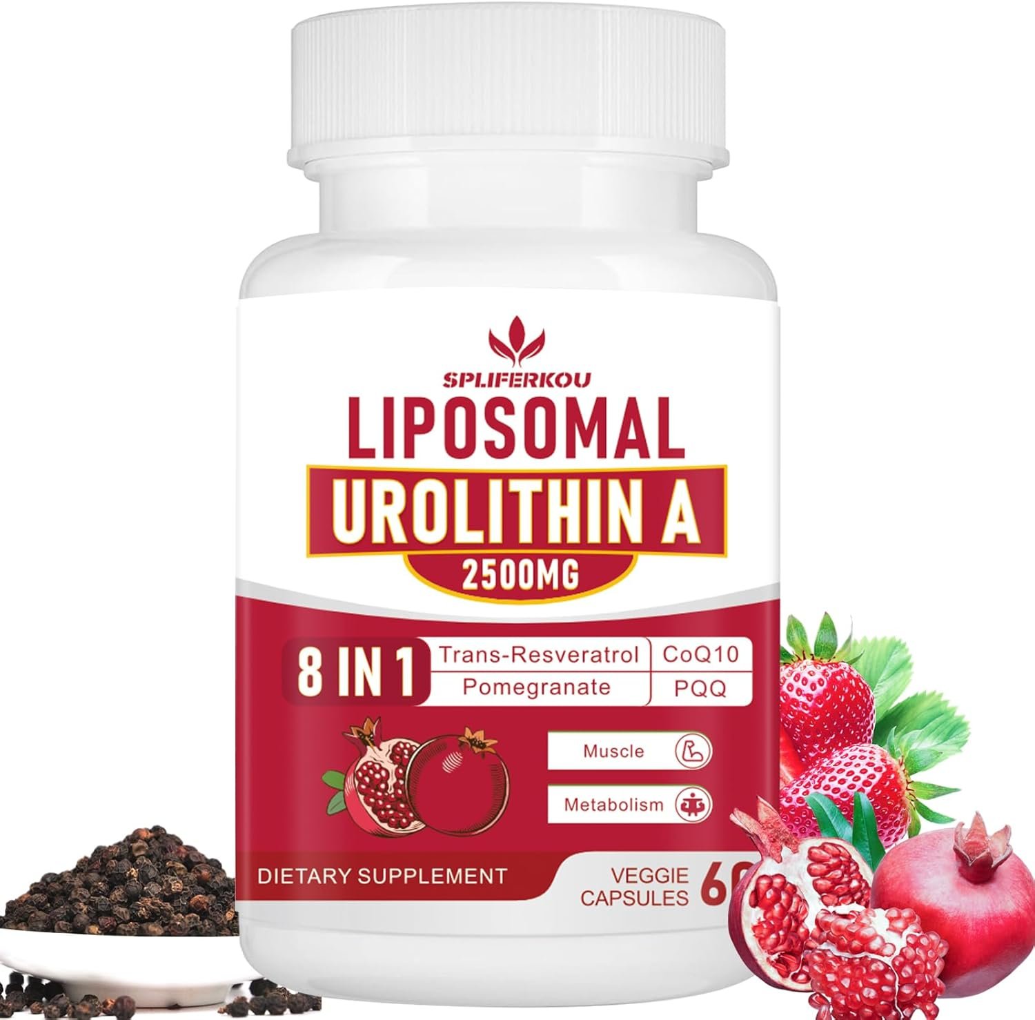 Liposomal Urolithin A Supplement 2500mg with Resveratrol,CoQ10,Pomegranate Fruit Extract,Premium Cellular Energy Regeneration,Gluten Free,60Capsules - Image 2